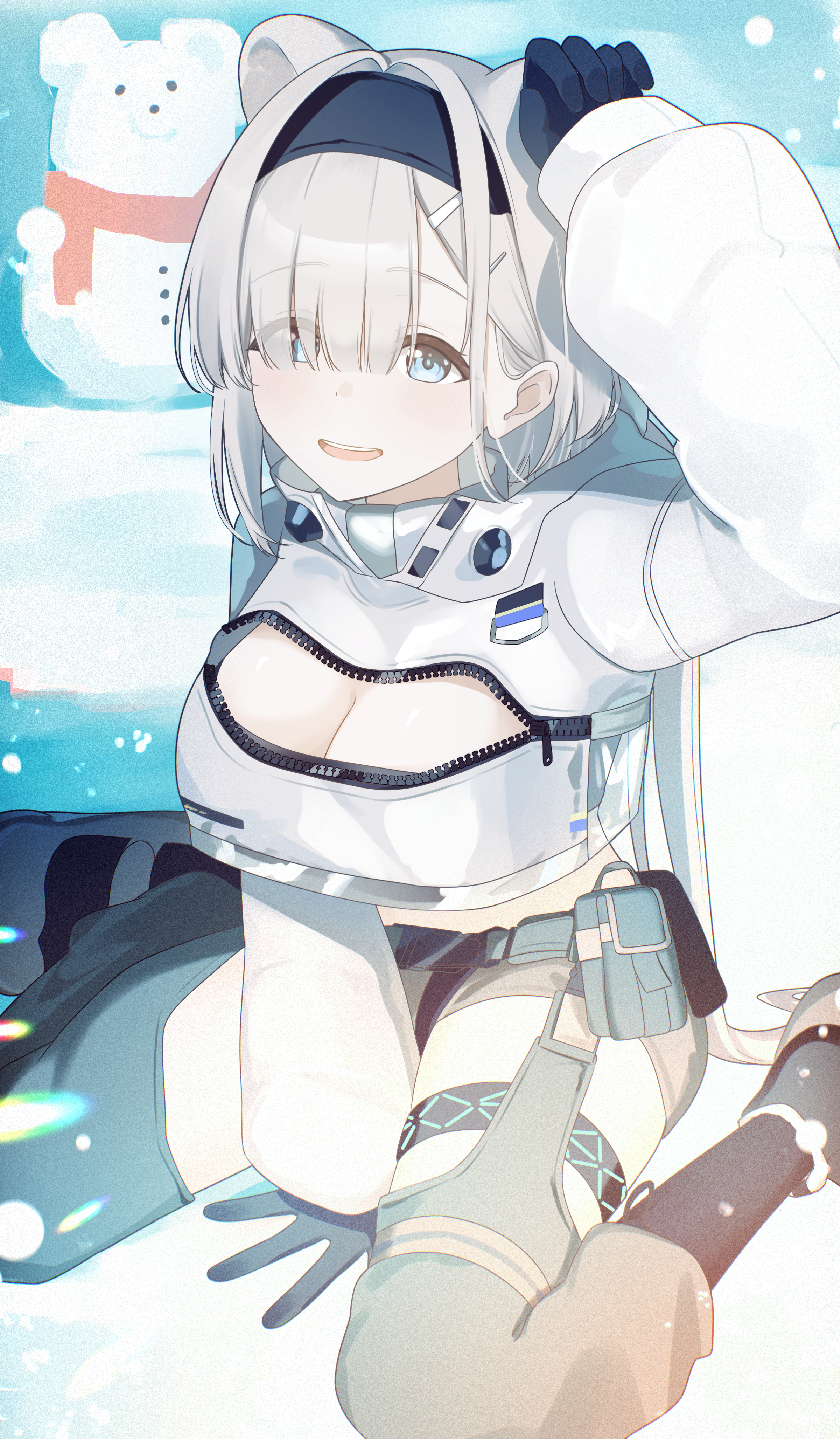 nishimiya aki, aurora (arknights), arknights, absurdres, highres, 1girl, :d, animal ears, arm up, bear ears, bear girl, black gloves, black hairband, black jacket, blue eyes, breasts, cleavage, cleavage cutout, clothing cutout, cropped jacket, extra ears, gloves, grey hair, grey shorts, hair over one eye, hairband, jacket, large breasts, long hair, looking at viewer, open mouth, pouch, shorts, sitting, smile, snowman, solo, teeth, upper teeth only, wariza