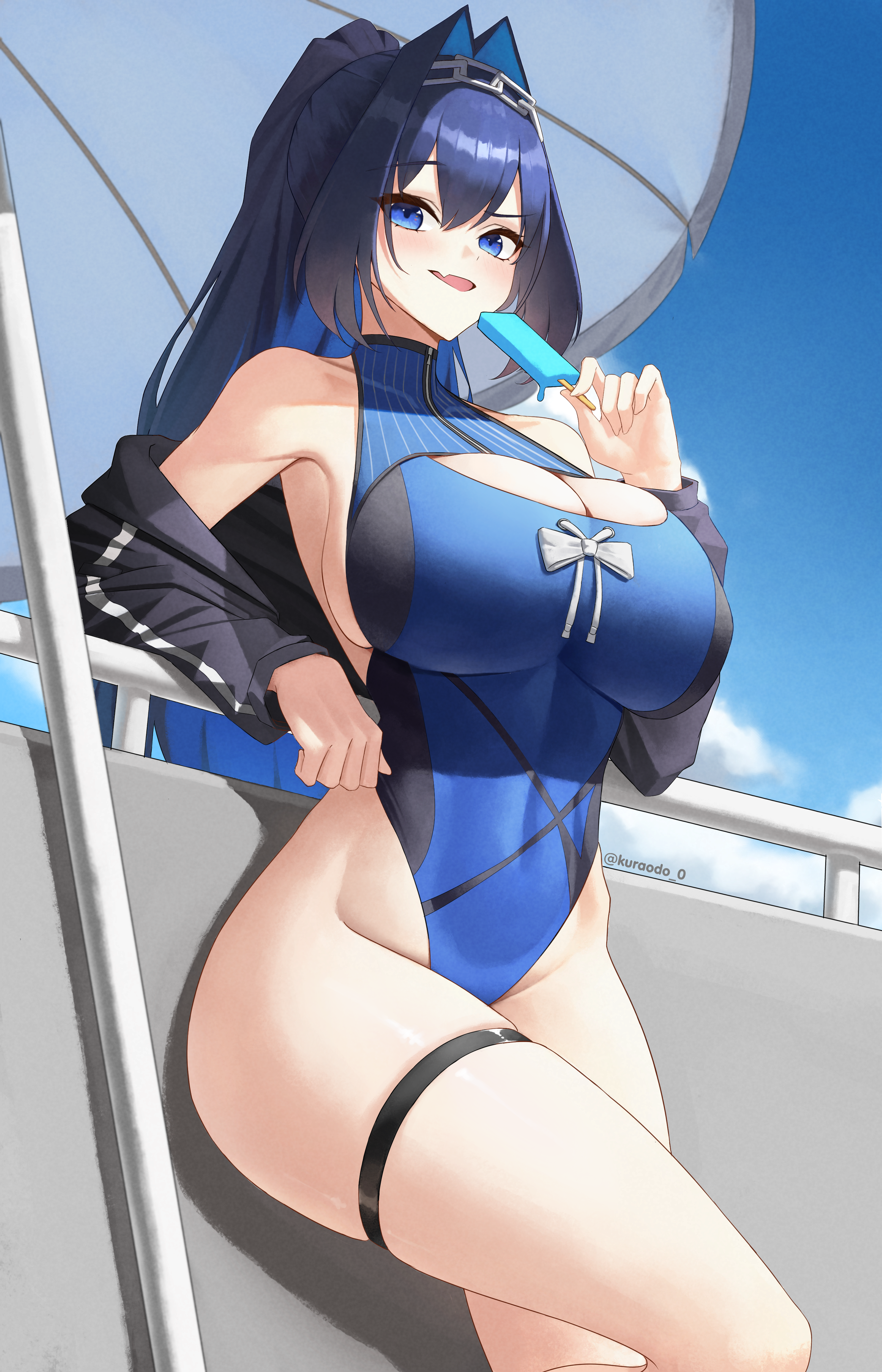 kuraodo 0, ouro kronii, ouro kronii (holonatsu paradise), hololive, hololive english, absurdres, commentary, english commentary, highres, 1girl, black jacket, blue eyes, blue hair, blue one-piece swimsuit, breasts, chain, chain headband, cleavage, cleavage cutout, clothing cutout, covered navel, cropped jacket, double-parted bangs, fang, food, hair between eyes, hair intakes, highleg, highleg one-piece swimsuit, holding, holding food, holding popsicle, jacket, large breasts, long hair, looking at viewer, official alternate costume, official alternate hairstyle, one-piece swimsuit, open mouth, outdoors, ponytail, popsicle, skin fang, solo, swimsuit, thigh strap, virtual youtuber
