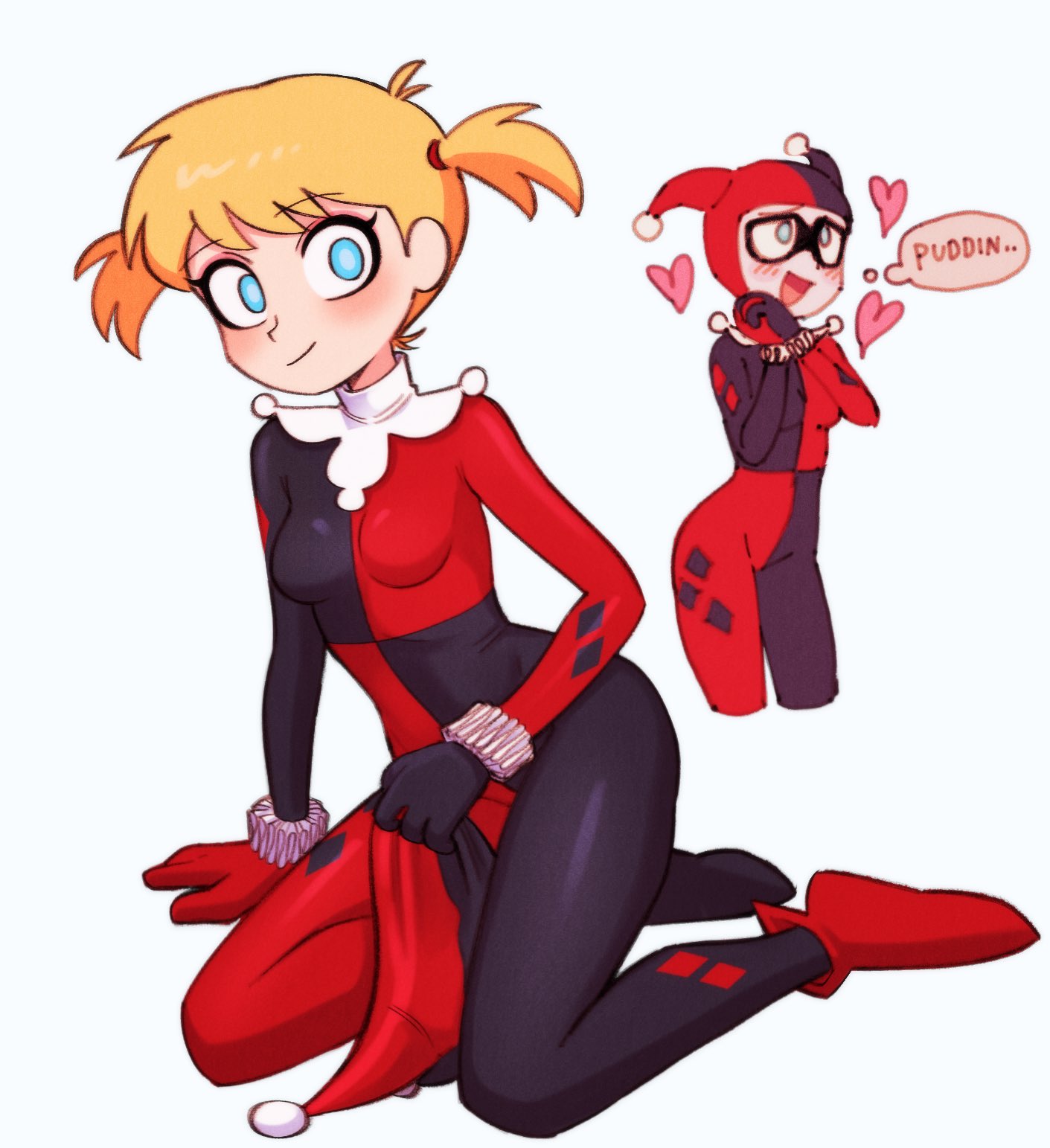 batrobin k, harley quinn, harley quinn (classic), highres, arm support, asymmetrical gloves, black eyeliner, blonde hair, blue eyes, blush, bodysuit, breasts, closed mouth, cropped legs, domino mask, english text, eyeliner, full body, gloves, hat, heart, holding, holding unworn clothes, holding unworn hat, jester, jester cap, looking at viewer, loving aura, makeup, mask, mismatched gloves, mismatched shoes, multiple views, open mouth, own hands clasped, own hands together, short twintails, sitting, skin tight, smile, speech bubble, standing, thought bubble, twintails, two-tone bodysuit, two-tone hat, unworn hat, unworn headwear, white background, white facepaint, white wrist cuffs, wrist cuffs, yokozuwari