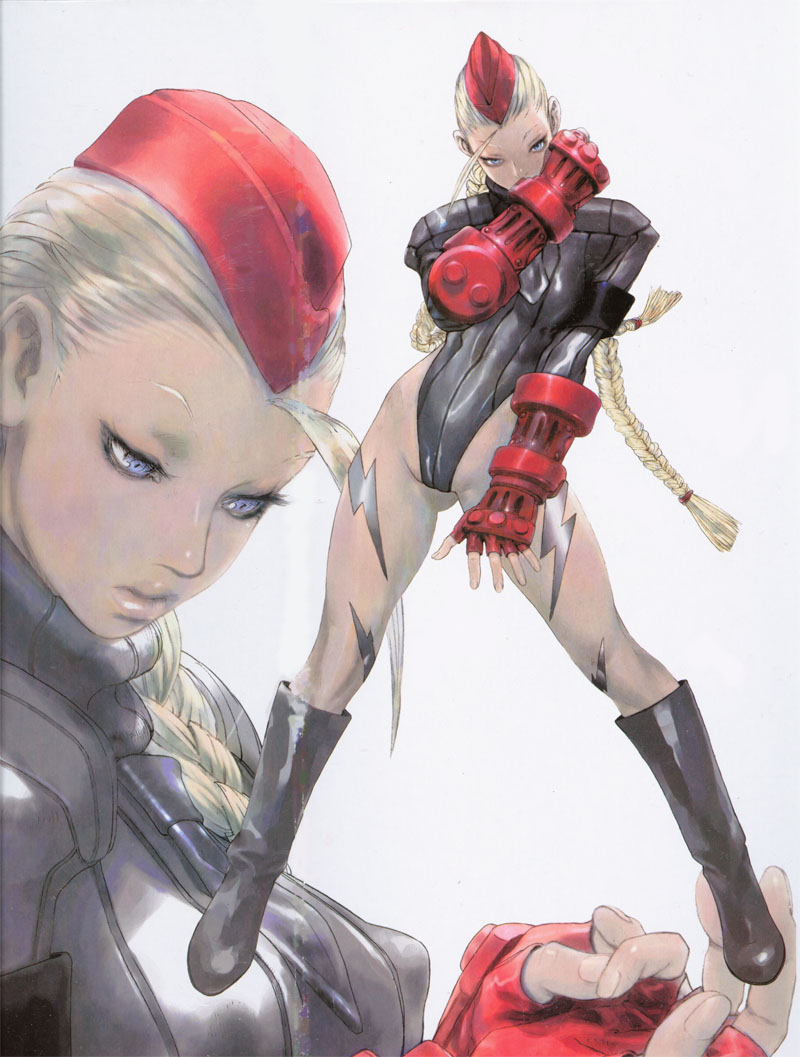 yasuda akira, cammy white, capcom, street fighter, 1girl, ahoge, blonde hair, blue eyes, bodypaint, boots, bracer, braid, breasts, covered erect nipples, eyelashes, fingerless gloves, full body, garrison cap, gauntlets, gloves, hat, huge ahoge, leotard, medium breasts, necktie, ribbed leotard, twin braids, twintails
