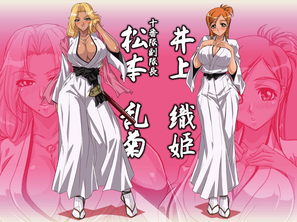 kagami hirotaka, inoue orihime, matsumoto rangiku, bleach, 00s, blonde hair, breasts, cleavage, huge breasts, large breasts