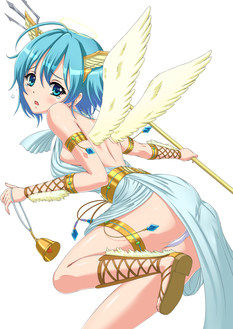 chaki-yam, original, 1girl, ahoge, aqua hair, ass, bell, blue eyes, feathered wings, from side, gradient hair, hair ornament, holding, holding polearm, holding weapon, looking at viewer, multicolored hair, polearm, short hair, simple background, solo, tears, trident, weapon, white background, wings