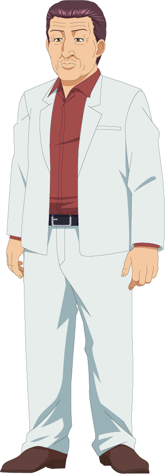 snack basue, official art, 1boy, anime coloring, belt, black belt, brown eyes, brown hair, brown shoes, closed mouth, collared shirt, dress shoes, formal clothes, full body, hair slicked back, jacket, long sleeves, looking at viewer, mature male, pants, red shirt, shirt, shoes, short hair, simple background, solo, standing, suit, suit jacket, tatsumi (snack basue), toyama., transparent background, white jacket, white pants, wrinkled skin