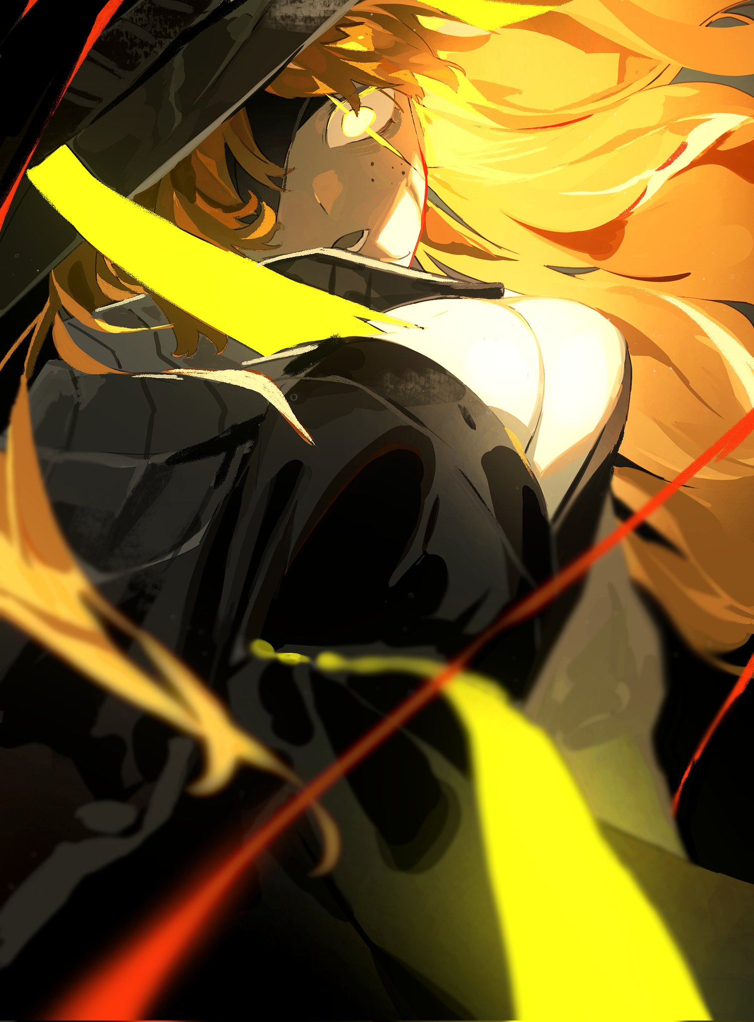 yongsadragon, ishmael (project moon), limbus company, project moon, commentary, english commentary, highres, 1girl, black dress, black hat, breasts, cleavage, dress, eyepatch, floating hair, freckles, hat, heishou pack-mao branch (identity) (project moon), large breasts, long hair, long sleeves, looking at viewer, open mouth, orange hair, scar, scar across eye, scar on face, smile, solo, standing, teeth, wavy hair, wide sleeves, yellow eyes