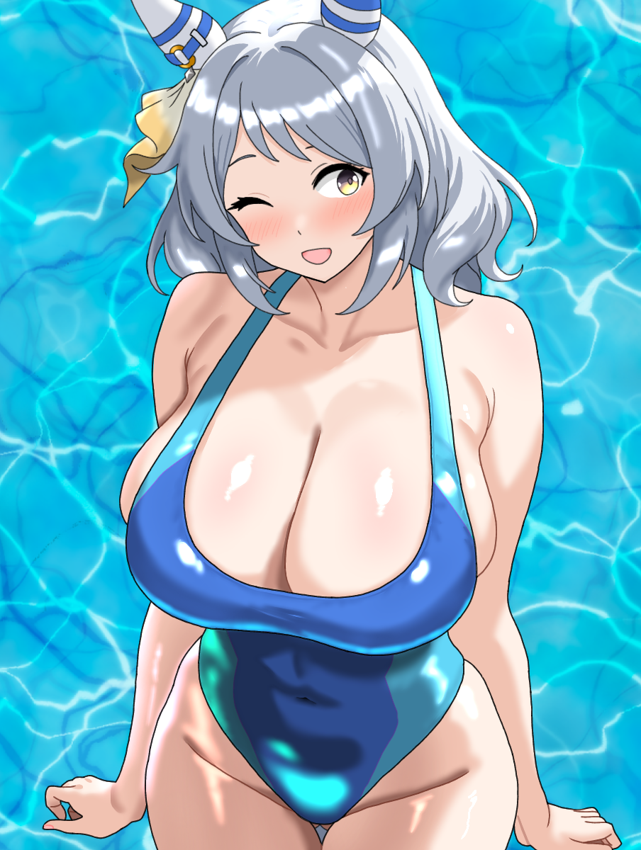haiwo, hishi miracle (umamusume), umamusume, commentary request, highres, 1girl, alternate costume, animal ears, bare shoulders, blue one-piece swimsuit, blush, breasts, cleavage, ear covers, ear piercing, gluteal fold, grey hair, groin, horse ears, horse girl, horse tail, huge breasts, long hair, one-piece swimsuit, open mouth, piercing, pool, smile, solo, swimsuit, tail