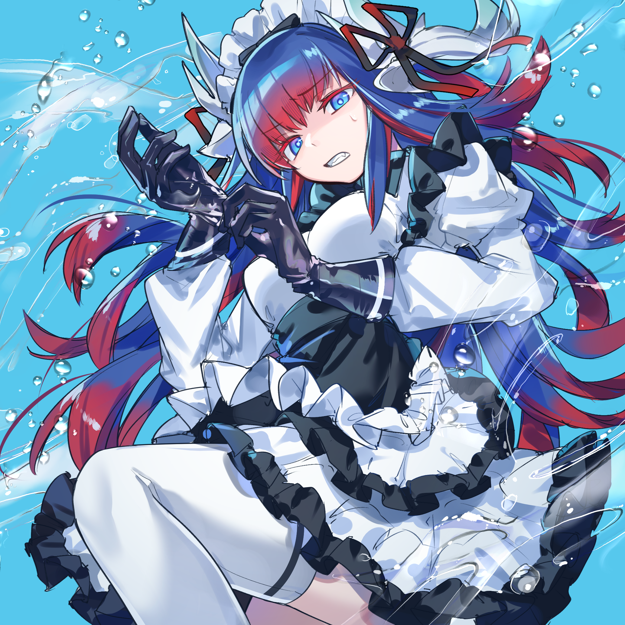 kuuron (moesann17), puzzle & dragons, highres, 1girl, black bow, black dress, black gloves, blue eyes, blue hair, bow, breasts, dress, frilled dress, frills, from below, gloves, gradient hair, hair bow, hair ornament, jean tonik (puzzle & dragons), large breasts, looking at viewer, looking down, maid headdress, multicolored hair, red hair, ribbon, solo, thighhighs, water drop, white dress, white thighhighs