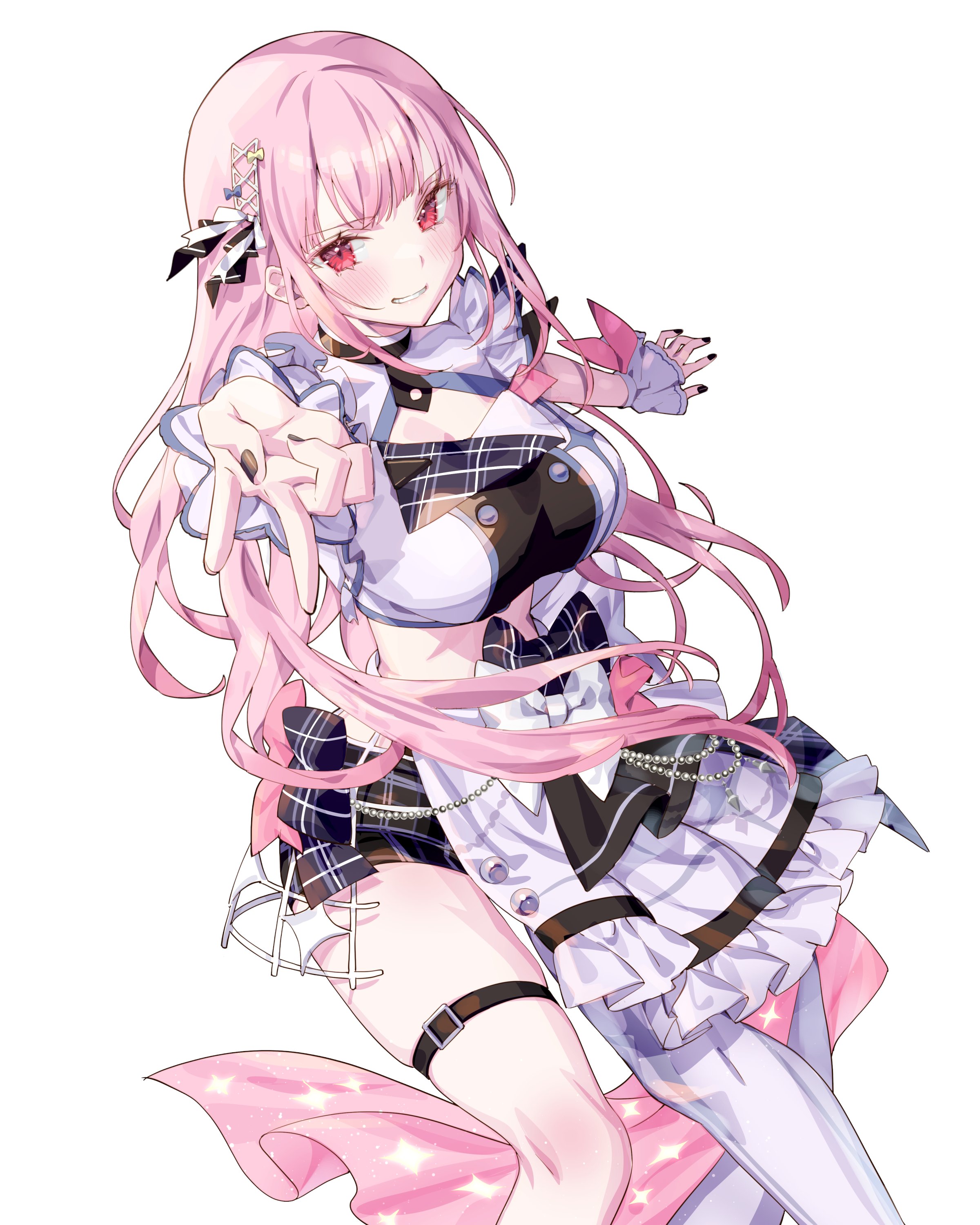 kamiya maneki, mori calliope, hololive, hololive english, absurdres, highres, 1girl, black nails, black shorts, blunt bangs, bow, breasts, buttons, cleavage cutout, clothing cutout, cropped jacket, double-breasted, frilled skirt, frills, hair ornament, hair ribbon, hairclip, half-skirt, hololive idol uniform (bright), jacket, long hair, looking at viewer, midriff, nail polish, official alternate costume, pantyhose, pink hair, plaid clothes, plaid shorts, red eyes, ribbon, short shorts, shorts, shorts under skirt, sidelocks, simple background, single leg pantyhose, single sleeve, skirt, smile, solo, thigh strap, v, virtual youtuber, white jacket, white pantyhose, white skirt