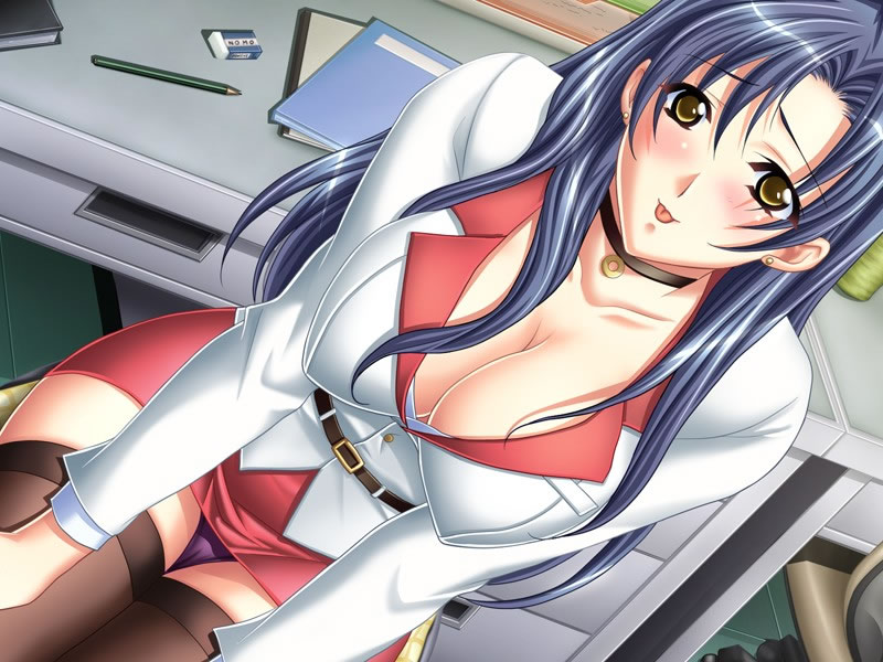 shindou mikeko, adachi ayana, maho gaku, game cg, 1girl, :p, belt, blue hair, blush, breasts, choker, cleavage, covered erect nipples, desk, dutch angle, earrings, eraser, female focus, jewelry, large breasts, long hair, miniskirt, necklace, office, office lady, panties, pantyshot, pencil, purple panties, sitting, skirt, solo, thighhighs, tongue, tongue out, underwear, yellow eyes