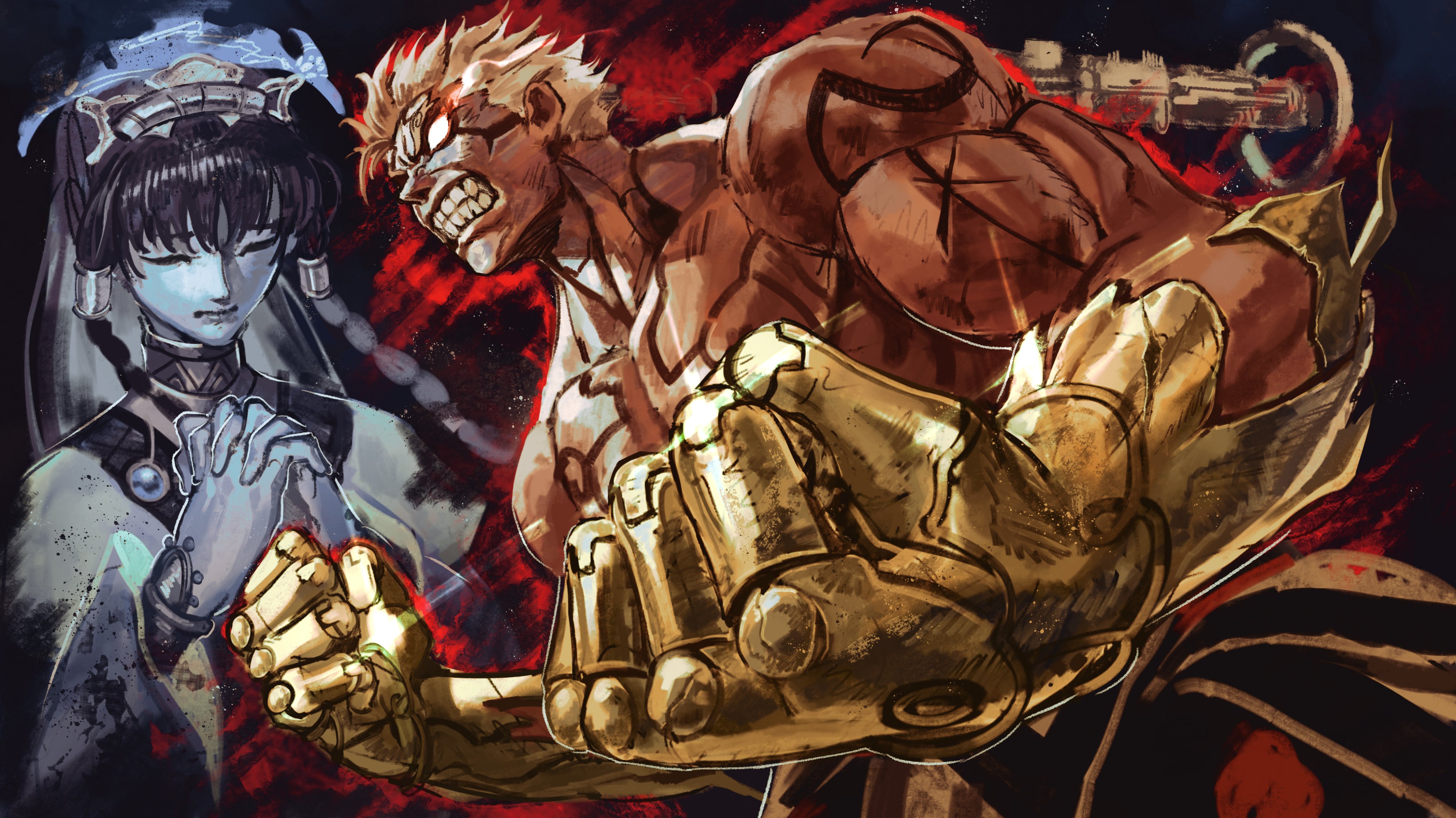 fengguan, kornart, asura (asura's wrath), mithra (asura's wrath), asura's wrath, absurdres, highres, 1boy, 1girl, angry, berserker rage, blank eyes, blonde hair, body markings, braided sidelock, clenched teeth, closed eyes, closed mouth, dougi, father and daughter, forked eyebrows, glowing, glowing eyes, interlocked fingers, long hair, muscular, muscular male, no pupils, own hands together, praying, prosthesis, prosthetic arm, red aura, scar, short hair, spiked hair, teeth, topless male