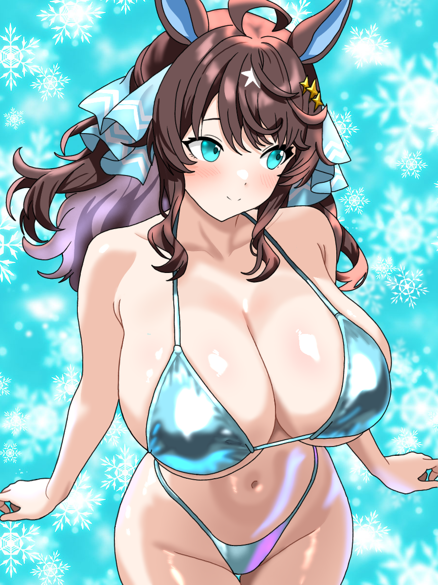 haiwo, daring tact (umamusume), love live!, commentary request, highres, 1girl, ahoge, alternate costume, animal ears, blue eyes, breasts, brown hair, collarbone, cowboy shot, groin, hair between eyes, horse ears, horse girl, horse tail, huge breasts, large breasts, long hair, multicolored hair, navel, sidelocks, solo, stomach, streaked hair, tail, two-tone hair, white hair