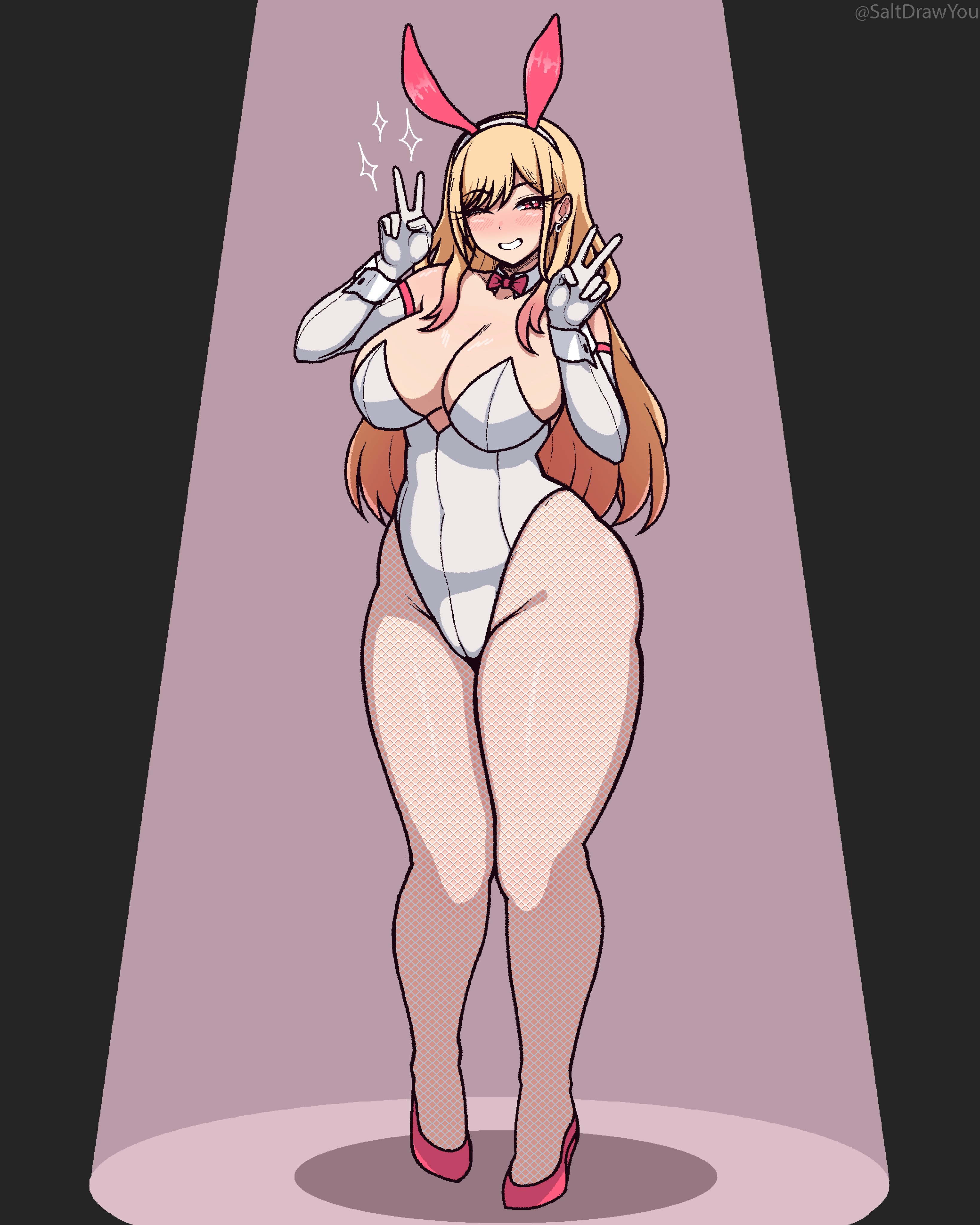 saltdrawyou, kitagawa marin, sono bisque doll wa koi wo suru, absurdres, commentary, commission, english commentary, highres, 1girl, animal ear hairband, animal ears, artist name, bare shoulders, blonde hair, blush, bow, bowtie, breasts, cleavage, collar, detached collar, double v, ear piercing, earrings, elbow gloves, fake animal ears, fishnet pantyhose, fishnets, full body, gloves, groin, hairband, hands up, high heels, highleg, highleg leotard, jewelry, large breasts, legs, leotard, long hair, looking at viewer, one eye closed, pantyhose, parted bangs, piercing, pink bow, pink bowtie, pink eyes, pink shoes, playboy bunny, purple background, rabbit ear hairband, rabbit ears, shoes, smile, solo, sparkle, spotlight, standing, strapless, strapless leotard, swept bangs, twitter username, v, white collar, white gloves, white hairband, white leotard, white pantyhose, white wrist cuffs, wrist cuffs