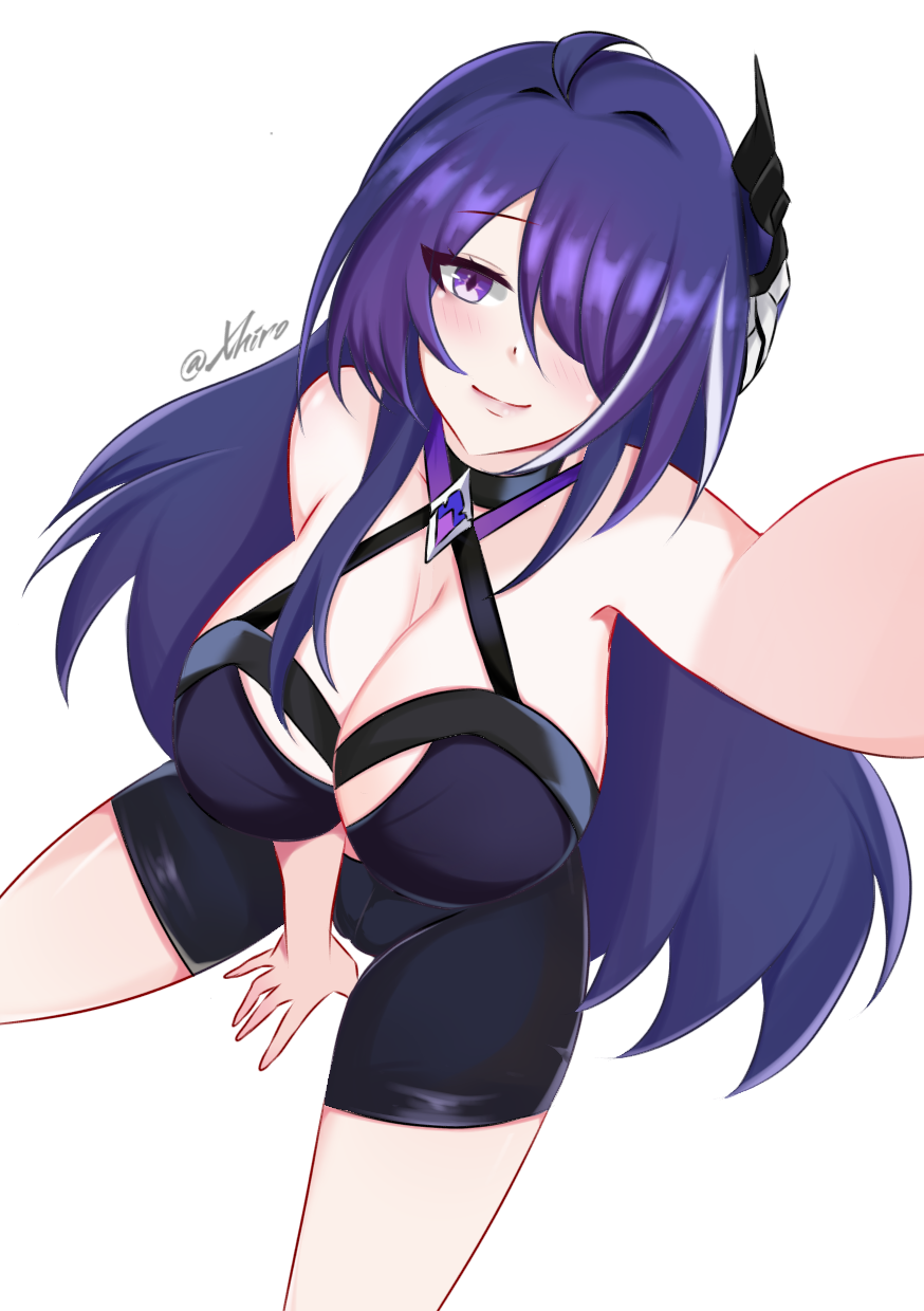 xhiro, acheron (honkai: star rail), honkai: star rail, honkai (series), commentary request, highres, 1girl, artist name, black shorts, breasts, cleavage, crop top, diamond-shaped pupils, diamond (shape), from above, hair ornament, large breasts, looking at viewer, pov, purple eyes, purple hair, shorts, simple background, smile, symbol-shaped pupils, white background