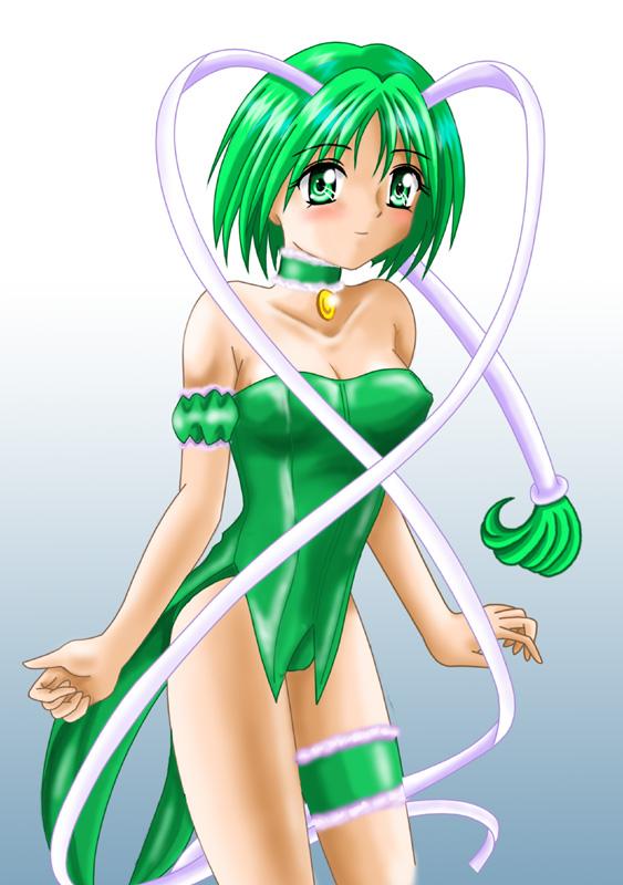 mew lettuce, midorikawa lettuce, tokyo mew mew, jpeg artifacts, 00s, 1girl, arm garter, choker, female focus, frilled thigh strap, gradient background, green eyes, green hair, jewelry, magical girl, matching hair/eyes, pendant, solo, thigh strap