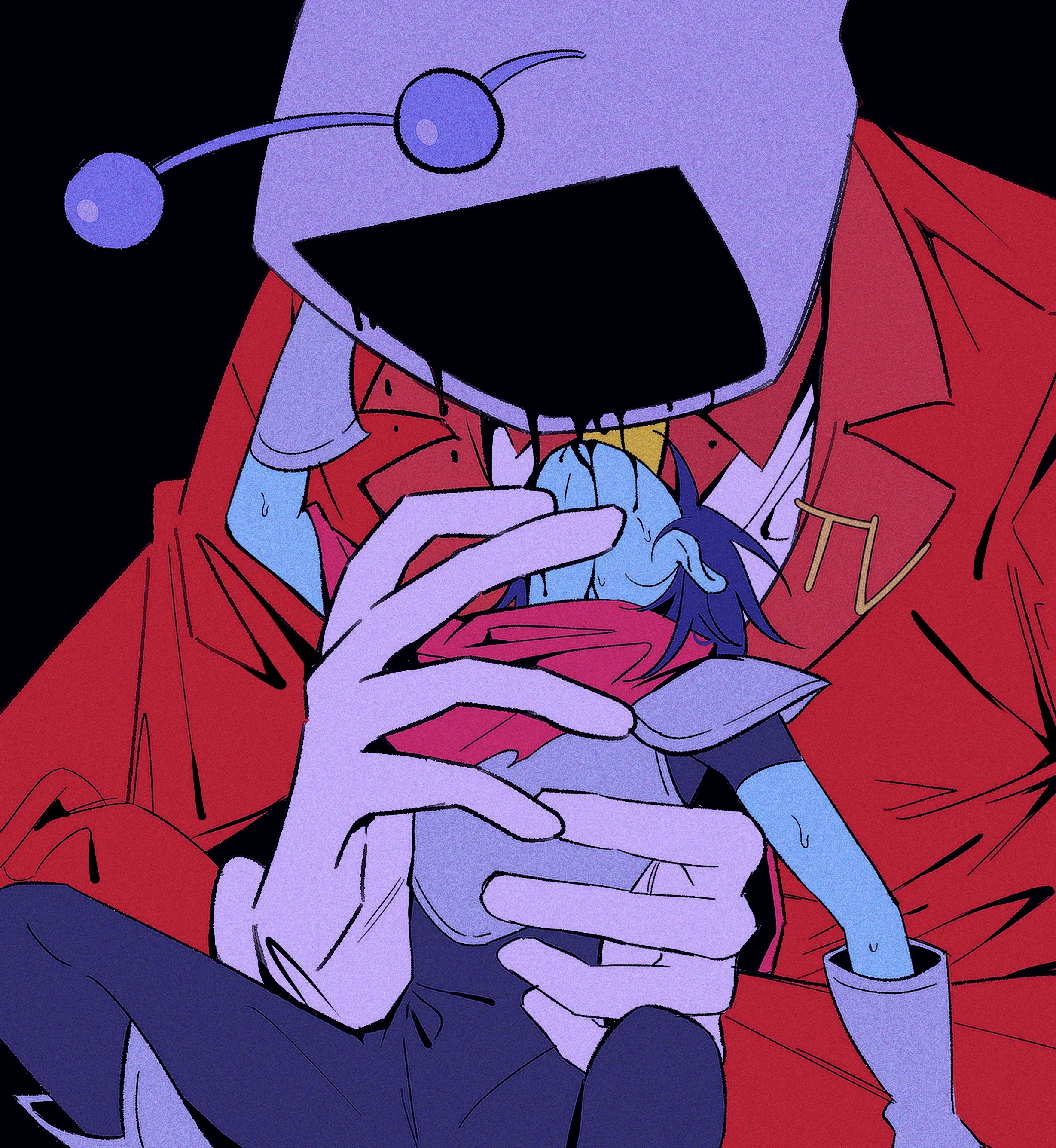 yp katelove, ant tenna, kris (dark world) (deltarune), kris (deltarune), deltarune, utdr (toby fox), absurdres, highres, 1boy, 1other, arm up, armor, black background, black bodysuit, blue hair, blue skin, bodysuit, cape, collared shirt, colored skin, crt, dripping, gloves, grey gloves, jacket, object head, other with male, radio antenna, red cape, red jacket, shirt, simple background, size difference, spread legs, sweat, torn cape, torn clothes, white gloves, white shirt