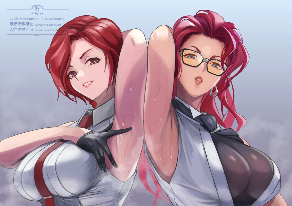 ema (emaura), crimson viper, vanessa (kof), street fighter, street fighter 6, the king of fighters, 2girls, arm behind head, arm up, armpits, black gloves, black necktie, breasts, crossover, gloves, large breasts, multiple girls, necktie, necktie aside, parted lips, presenting armpit, red hair, red necktie, short hair, sleeveless, spread armpit, steaming body, sunglasses, sweat, tinted eyewear, trait connection, very sweaty