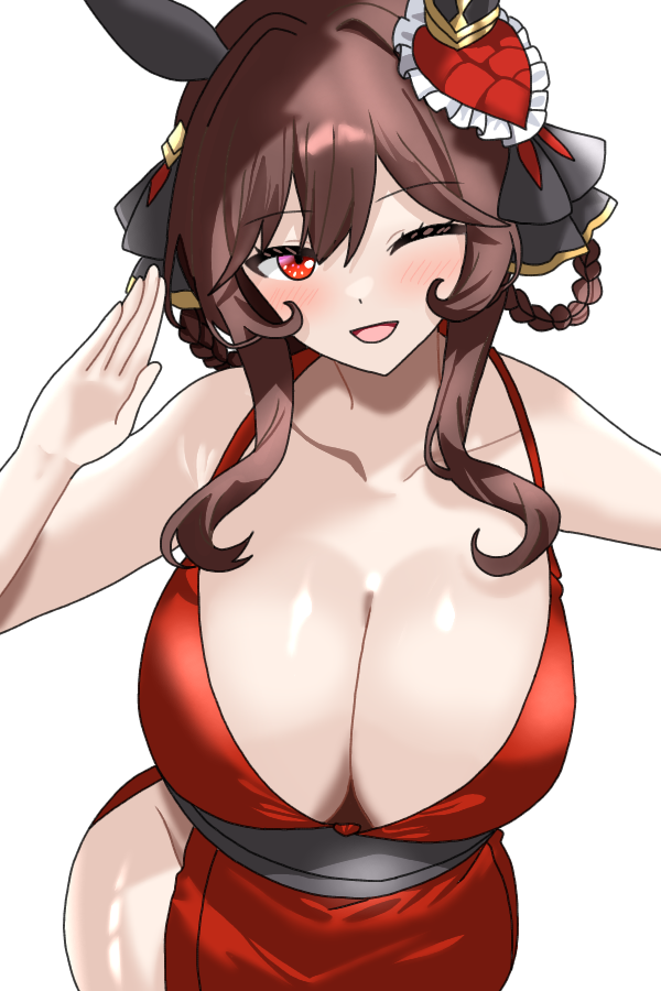 haiwo, gentildonna (umamusume), umamusume, commentary request, 1girl, alternate costume, animal ears, arm up, braid, braided hair rings, breasts, cleavage, collarbone, dress, ear covers, ear ornament, hair between eyes, hair ornament, hair rings, horse ears, horse girl, horse tail, huge breasts, long hair, one-piece swimsuit, open mouth, red dress, red eyes, simple background, smile, solo, swimsuit, tail, white background