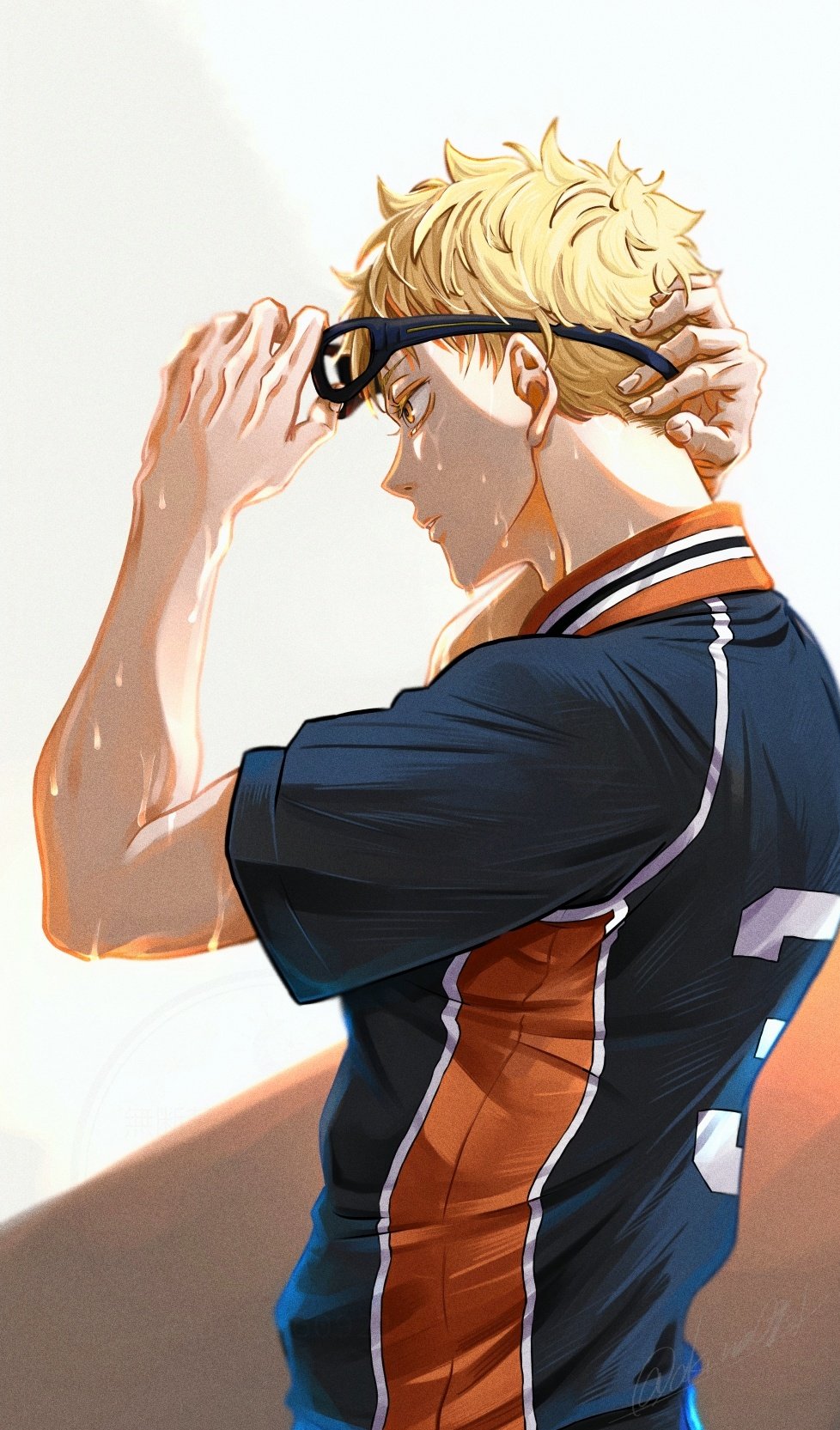shiki (shiki no), tsukishima kei, haikyuu!!, commentary request, highres, 1boy, black-framed eyewear, blonde hair, eyelashes, from side, glasses, karasuno volleyball uniform, male focus, short hair, solo, sportswear, sweat, upper body, volleyball uniform, yellow eyes