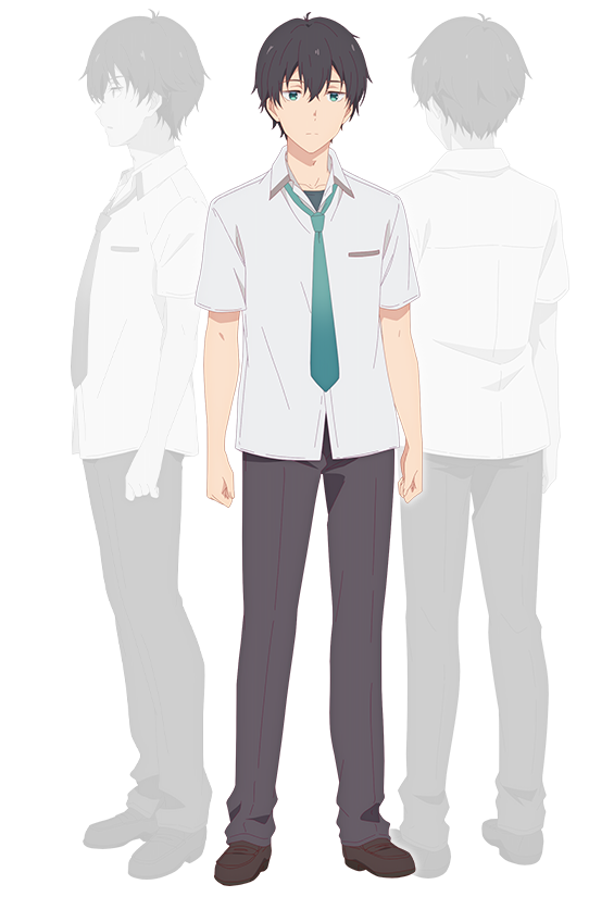nii manabu, asamura yuuta, gimai seikatsu, official art, 3boys, anime coloring, back, brown shoes, closed mouth, collared shirt, dress shoes, from behind, from side, full body, green eyes, green shirt, grey pants, greyscale, hair between eyes, looking at viewer, monochrome, multiple boys, multiple views, pants, profile, school uniform, shirt, shoes, short hair, short sleeves, simple background, standing, t-shirt, transparent background, untucked shirt, white shirt