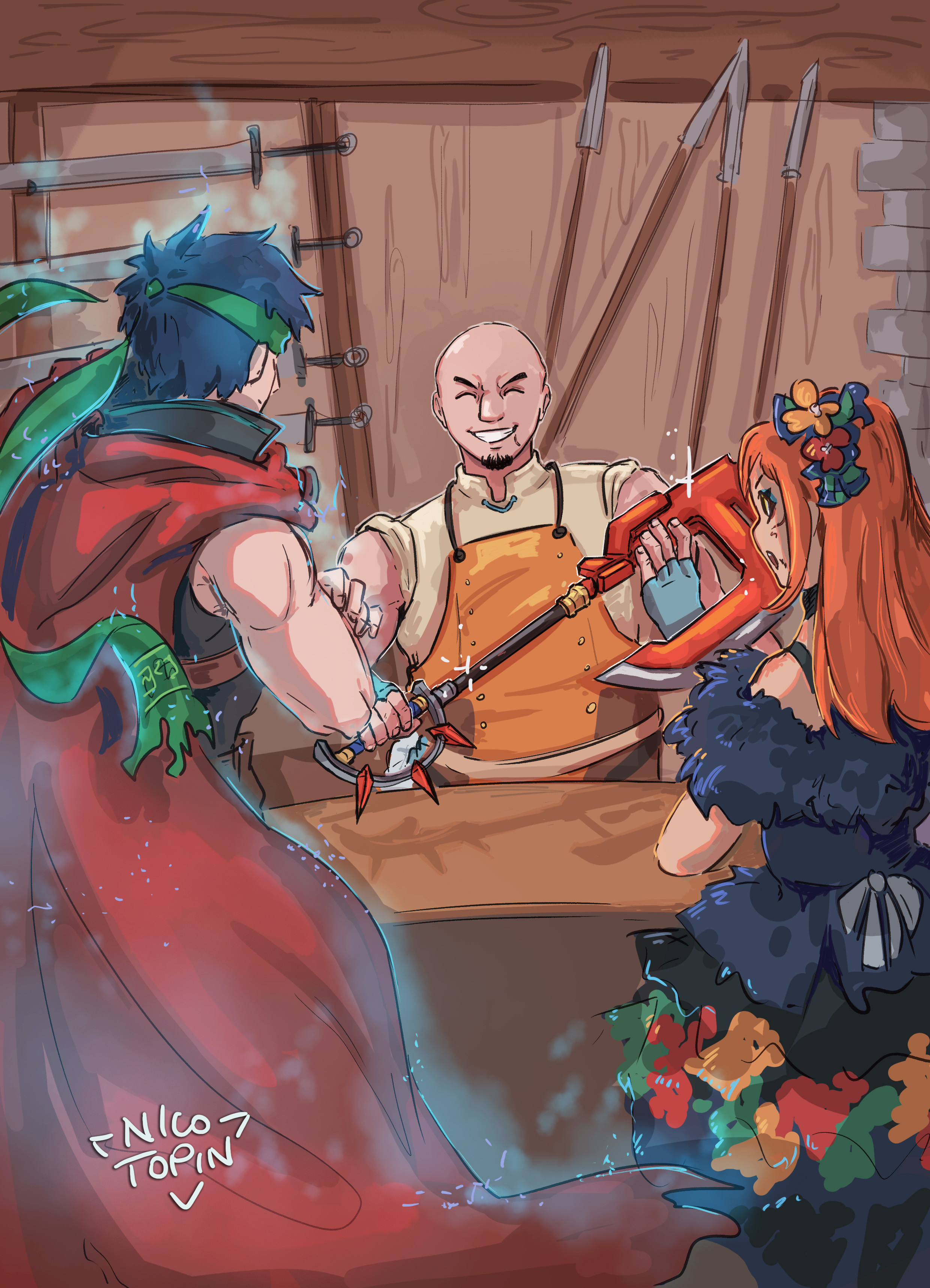 nicotopin, durthon (fire emblem), ike (emblem) (fire emblem), ike (fire emblem), panette (fire emblem), fire emblem, fire emblem engage, nintendo, absurdres, commentary, highres, 1girl, 2boys, aura, bald, blue aura, blue hair, cape, facial hair, glint, goatee, green headband, headband, holding, holding weapon, long hair, multiple boys, orange hair, polearm, red cape, short hair, smile, sword, weapon