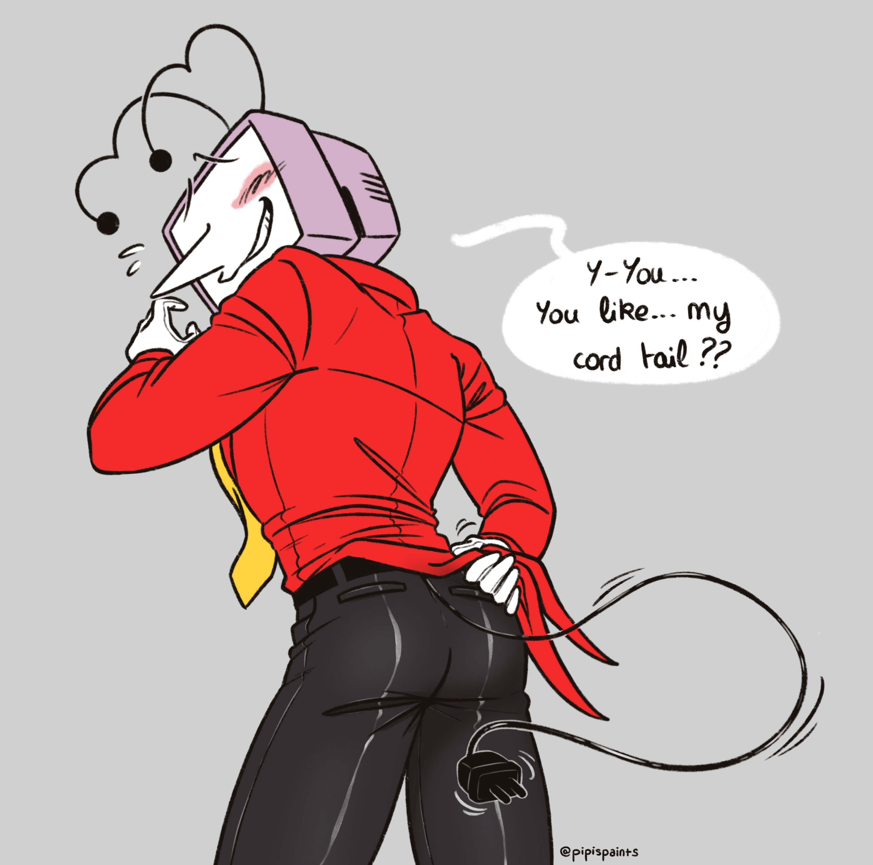 ant tenna, deltarune, utdr (toby fox), absurdres, commentary, english commentary, highres, 1boy, ass, belt, black belt, black pants, blush, clothes lift, crt, electric plug, electric plug tail, english text, flying sweatdrops, from behind, gloves, grey background, long nose, male focus, necktie, object head, pants, pipispaints, pointy nose, radio antenna, simple background, smile, solo, speech bubble, tail, tailcoat, teeth, twitter username, white gloves, yellow necktie