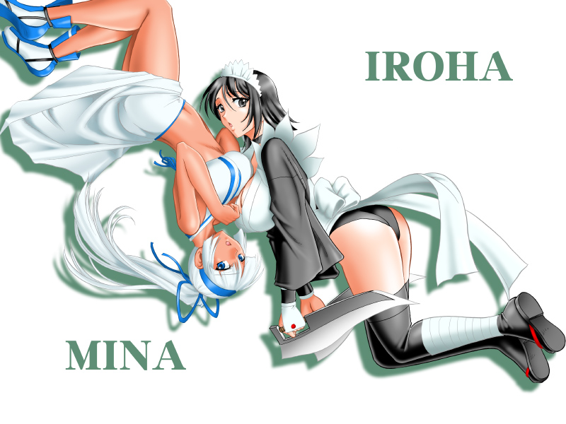 mokkouyou bond, iroha (samurai spirits), majikina mina, samurai spirits, 2girls, breasts, butterfly swords, character name, holding, holding weapon, large breasts, leotard, leotard under clothes, maid, multiple girls, shiny skin, simple background, weapon, white background