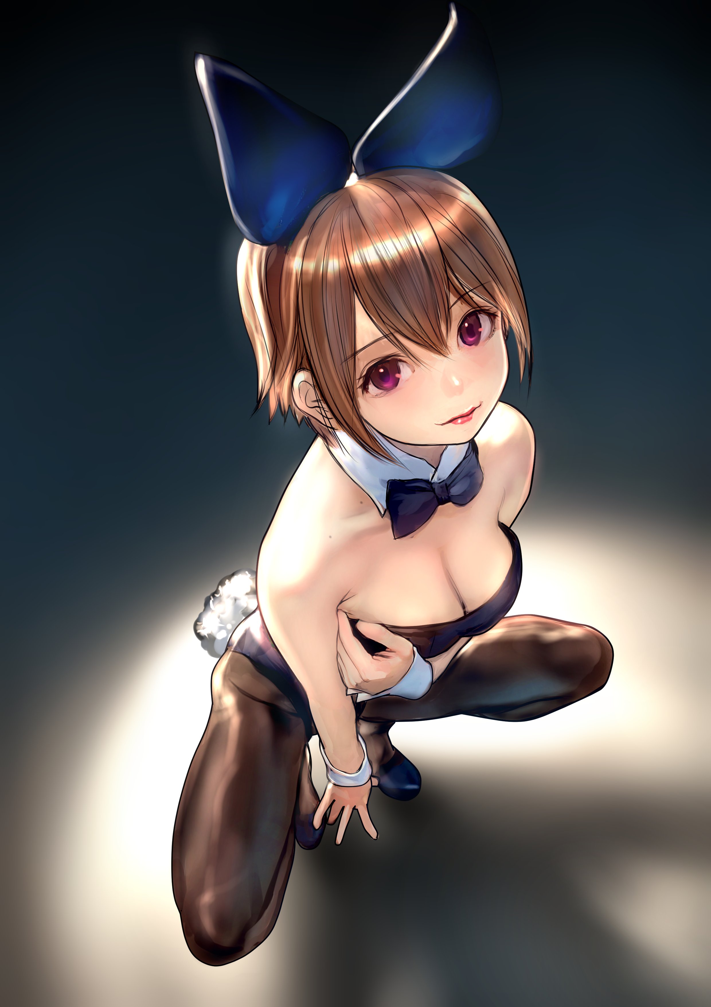 emutsuichi, original, absurdres, highres, 1girl, animal ears, bare shoulders, black leotard, black pantyhose, blue bow, blue bowtie, blush, bow, bowtie, breasts, brown hair, cleavage, closed mouth, collar, collarbone, detached collar, fake animal ears, full body, leotard, looking at viewer, medium breasts, pantyhose, playboy bunny, purple eyes, rabbit ears, rabbit tail, red lips, short hair, simple background, smile, solo, squatting, strapless, strapless leotard, tail, wrist cuffs
