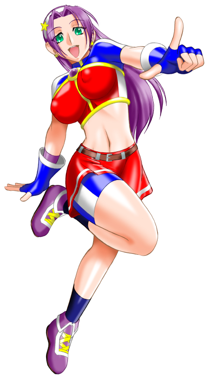 mokkouyou bond, asamiya athena, snk, the king of fighters, 1girl, :d, belt, bike shorts, breasts, brooch, covered erect nipples, crop top, earrings, female focus, fingerless gloves, gloves, green eyes, hairband, impossible clothes, impossible shirt, jewelry, large breasts, leg up, long hair, midriff, miniskirt, nipples, open mouth, pointing, purple hair, shirt, shoes, simple background, skirt, smile, sneakers, socks, solo, standing, standing on one leg, star (symbol), turtleneck