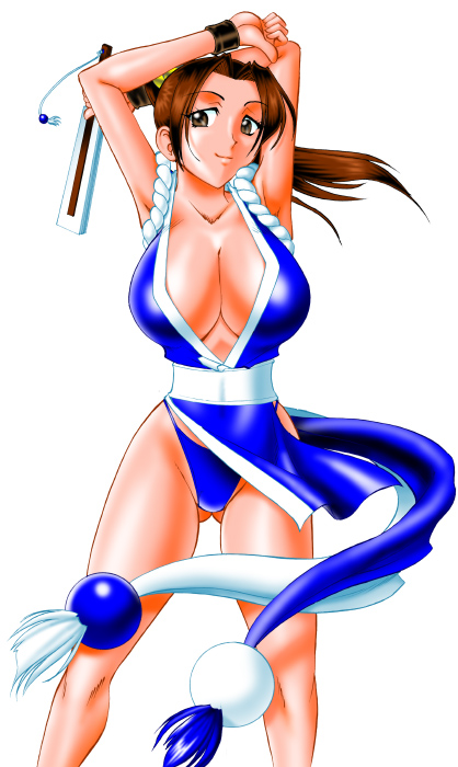 mokkouyou bond, shiranui mai, fatal fury, snk, the king of fighters, tagme, 1girl, armpits, breasts, brown eyes, brown hair, cleavage, female focus, hand fan, high ponytail, holding, holding fan, large breasts, matching hair/eyes, ponytail, simple background, smile, solo, white background
