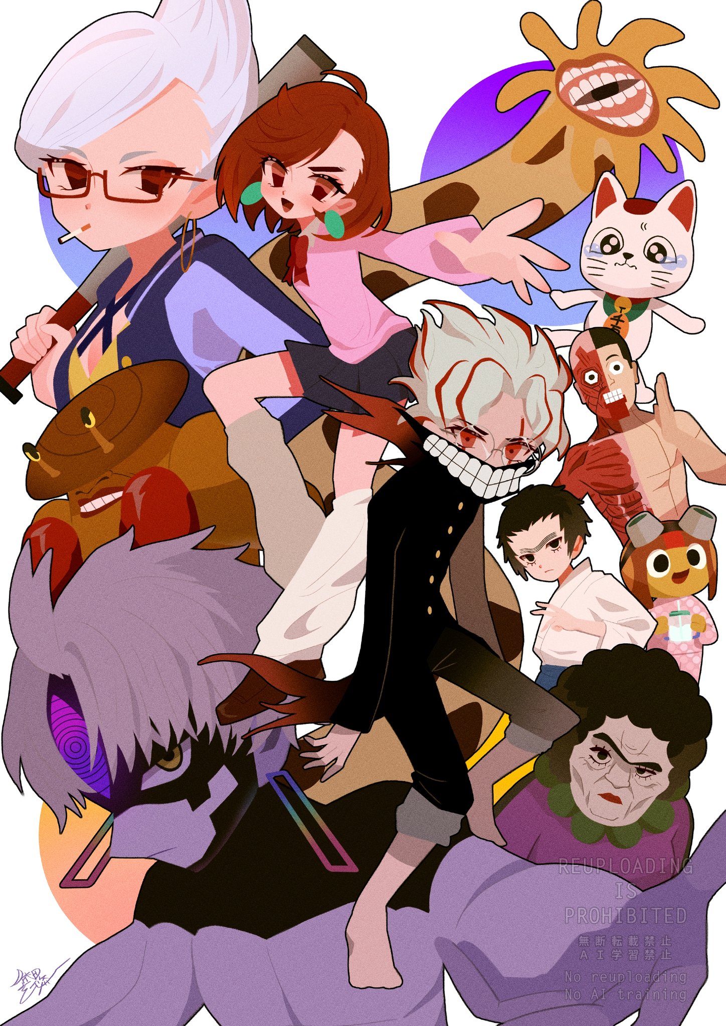 yorita genyu, ayase momo, ayase seiko, chiquitita, enjoji jin, evil eye (dandadan), manjiro (dandadan), mr. mantis shrimp, takakura ken (dandadan), takakura ken (transformed) (dandadan), taro (dandadan), tsuchinoko (dandadan), turbo granny (dandadan), dandadan, commentary, highres, symbol-only commentary, 4girls, 6+boys, alien, baseball bat, black hair, black jacket, blue skirt, bow, bowtie, brown eyes, brown hair, cat, cigarette, earrings, full body, gakuran, glasses, grandmother and granddaughter, holding, holding baseball bat, jacket, jewelry, kami high school uniform, kitou naki, long hair, long sleeves, looking at viewer, loose socks, maneki-neko, mask, mature female, miniskirt, mongolian death worm, mouth mask, multiple boys, multiple girls, open clothes, open jacket, outstretched hand, pants, pants rolled up, pink sweater, possessed, red bow, red bowtie, red eyes, round eyewear, school uniform, short hair, skirt, socks, sweater, third eye, transformation, upper body, white hair, white socks