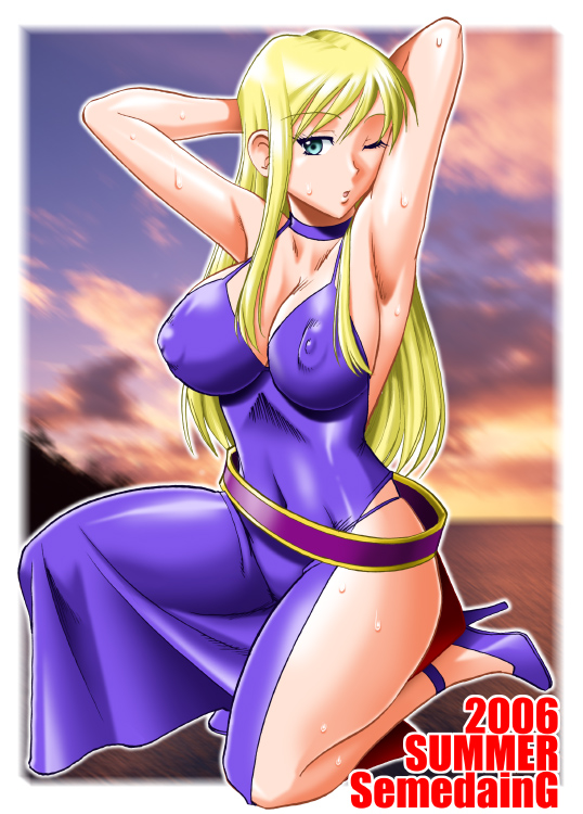 mokkouyou bond, b. jenet, snk, the king of fighters, 1girl, 2006, armpits, breasts, covered erect nipples, female focus, full body, large breasts, nipples, solo