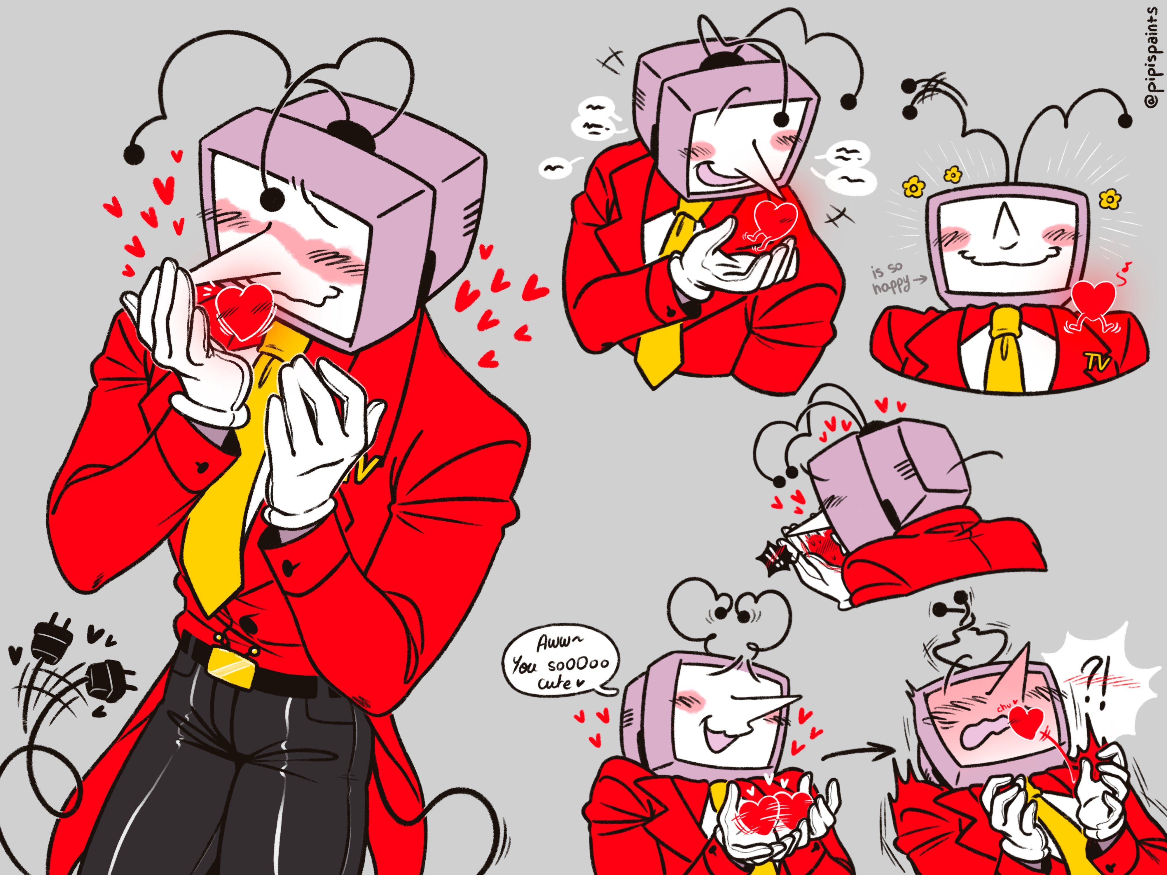 ant tenna, soul (deltarune), deltarune, utdr (toby fox), absurdres, commentary, english commentary, highres, !, !?, 1boy, belt, belt buckle, black belt, black pants, blush, buckle, collared shirt, crt, electric plug, electric plug tail, english text, flower, gloves, grey background, heart, holding, long nose, male focus, necktie, object head, pants, pipispaints, pointy nose, radio antenna, shirt, simple background, smile, tail, tail wagging, tailcoat, twitter username, white gloves, white shirt, yellow necktie