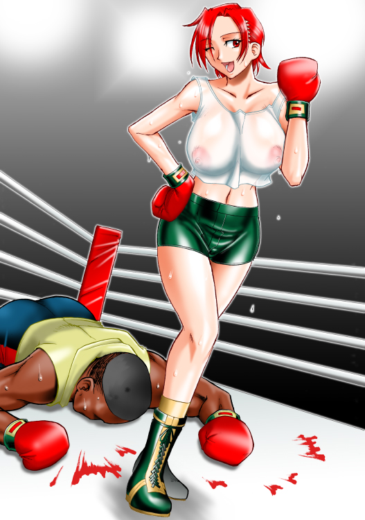 mokkouyou bond, vanessa (kof), snk, the king of fighters, 1boy, 1girl, arena, black hair, blood, boxing, boxing gloves, boxing ring, breasts, dark-skinned male, dark skin, femdom, large breasts, nipples, red eyes, red hair, see-through clothes, short shorts, shorts, skin tight, tank top