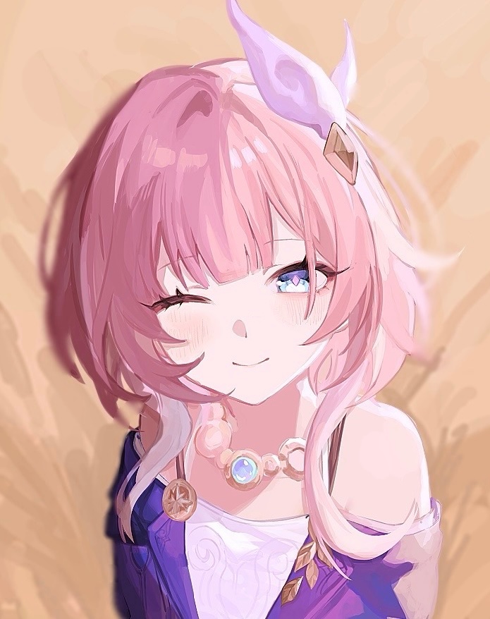 cyrene (honkai: star rail), honkai: star rail, honkai (series), hashtag-only commentary, 1girl, ;), al00041, bare shoulders, blue eyes, breasts, coat, dress, hair ornament, jewelry, looking at viewer, multicolored hair, necklace, one eye closed, outdoors, pink hair, purple coat, short hair, small breasts, smile, solo, two-tone hair, wheat, wheat field, white dress, white hair