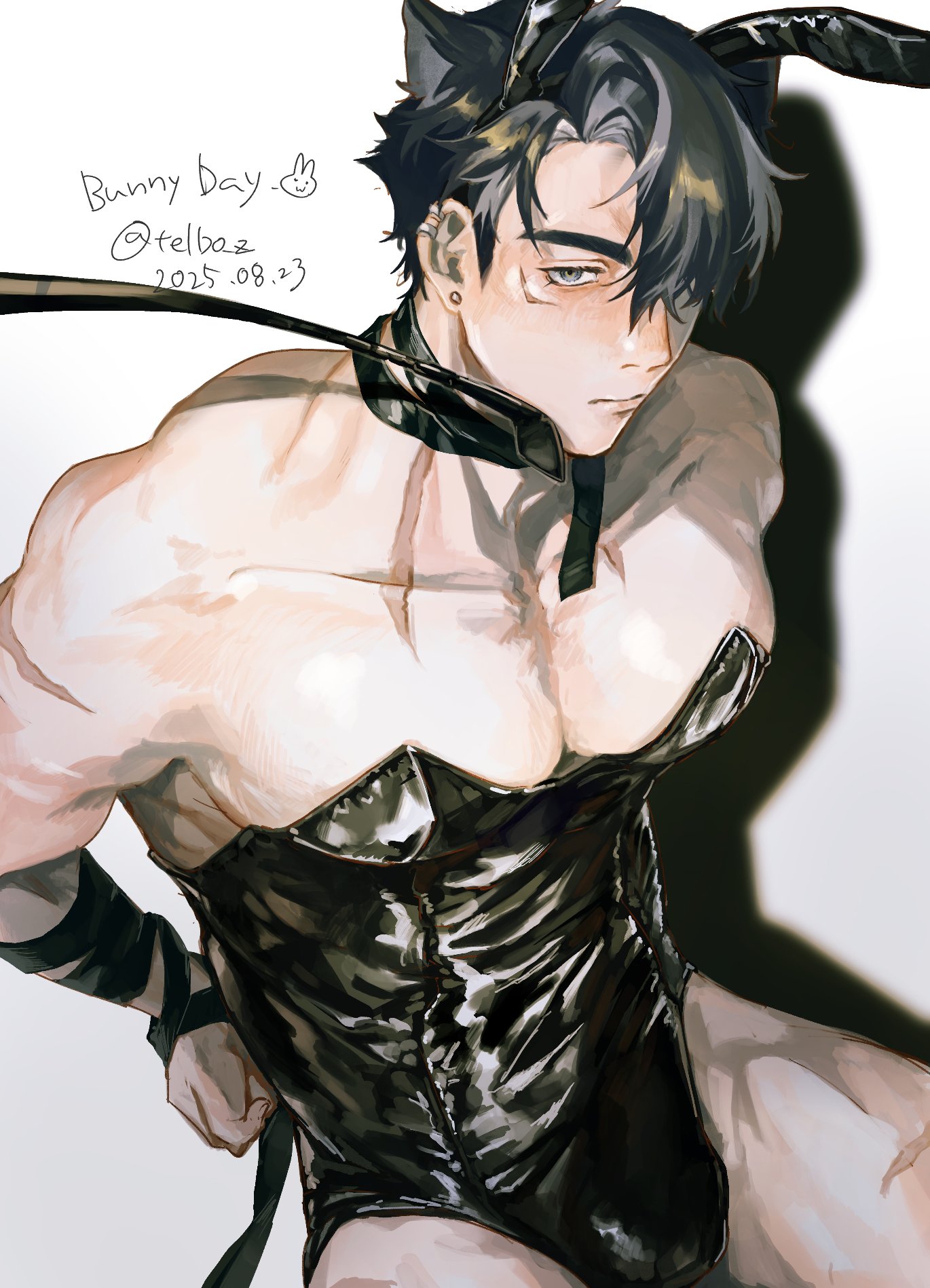 telbo z, wriothesley (genshin impact), genshin impact, commentary request, highres, 1boy, alternate costume, animal ears, black hair, bulge, bunny day, closed mouth, crossdressing, crossdressing (mtf), dated, ear piercing, earrings, fake animal ears, from above, grey hair, hair between eyes, jewelry, large pectorals, leotard, looking at viewer, male focus, male playboy bunny, multicolored hair, multiple scars, muscular, muscular male, pectorals, piercing, playboy bunny, rabbit ears, scar, scar on arm, scar on face, scar on neck, short hair, solo, streaked hair, thighs, twitter username