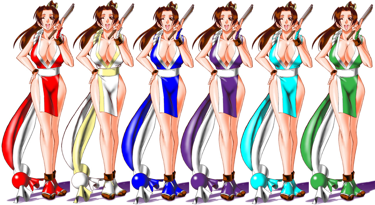 mokkouyou bond, shiranui mai, snk, the king of fighters, alternate costume, breasts, brown eyes, brown hair, cleavage, clone, folding fan, hand fan, high ponytail, japanese clothes, one eye closed, ponytail, simple background, white background, wink