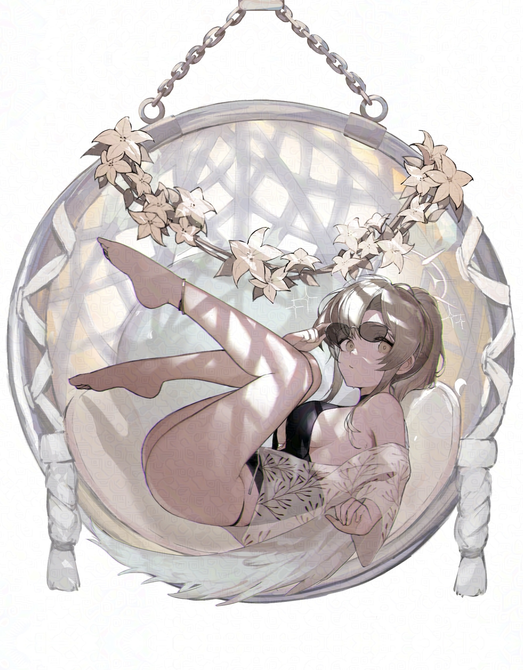 anths, nagisa (blue archive), nagisa (swimsuit) (blue archive), blue archive, white lily, highres, 1girl, adjusting eyewear, anklet, barefoot, basket swing, breasts, brown eyes, brown hair, flower, full body, halo, jewelry, lily (flower), looking at viewer, medium breasts, official alternate costume, on swing, sideboob, simple background, solo, sunglasses, swimsuit, swing, white background, wings
