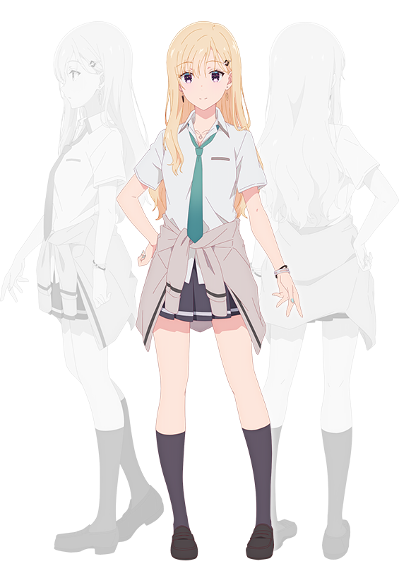nii manabu, ayase saki, gimai seikatsu, official art, 3girls, anime coloring, back, blonde hair, breasts, brown jacket, brown shoes, closed mouth, clothes around waist, collarbone, collared shirt, earrings, from behind, from side, full body, green necktie, grey skirt, grey socks, greyscale, hair between eyes, hair ornament, hairclip, hand on own hip, jacket, jacket around waist, jewelry, loafers, long hair, looking at viewer, medium breasts, monochrome, multiple boys, multiple girls, multiple views, necklace, necktie, pleated skirt, profile, red eyes, school uniform, shirt, shoes, short sleeves, simple background, skirt, socks, standing, thighs, transparent background, white shirt