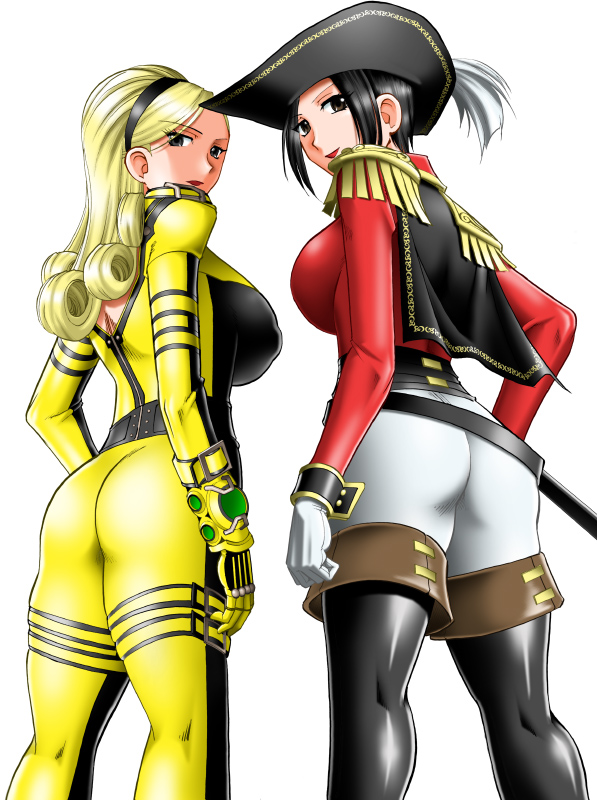 mokkouyou bond, lien neville, snk, the king of fighters, tagme, 2girls, alternate costume, ass, black hair, blonde hair, bodysuit, breasts, dual persona, hairband, hat, large breasts, lips, multiple girls, simple background, white background
