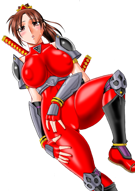 mokkouyou bond, taki (soulcalibur), soul calibur, soulcalibur, soulcalibur ii, 1girl, bodysuit, breasts, brown eyes, brown hair, female focus, fingerless gloves, gloves, large breasts, latex, nipples, ponytail, skin tight, solo