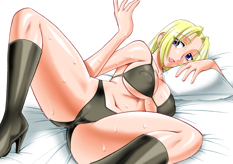 mokkouyou bond, tina armstrong, dead or alive, tecmo, 1girl, blonde hair, bra, breasts, female focus, large breasts, lying, navel, nipples, panties, pillow, shoes, solo, spread legs, underwear, white background