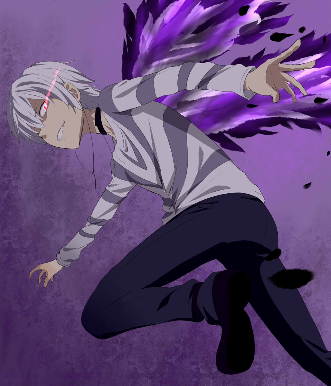 jack-barro, accelerator (toaru majutsu no index), toaru majutsu no index, commentary, highres, 1boy, albino, ankle belt, awakening (toaru), black choker, black shoes, choker, diagonal-striped clothes, diagonal-striped shirt, electrodes, energy, energy wings, evil grin, evil smile, from side, glowing, glowing eyes, grey pants, grey shirt, grin, hair between eyes, hair over one eye, long sleeves, looking at viewer, monochrome background, pants, purple background, purple theme, purple wings, red eyes, shaded face, shirt, shoes, short hair, sidelocks, smile, solo, striped clothes, striped shirt, teeth, white hair, wings