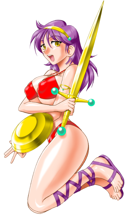 mokkouyou bond, princess athena, athena (series), neo geo battle coliseum, snk, 1girl, bikini, breasts, female focus, full body, large breasts, nipples, simple background, solo, swimsuit, sword, weapon, white background