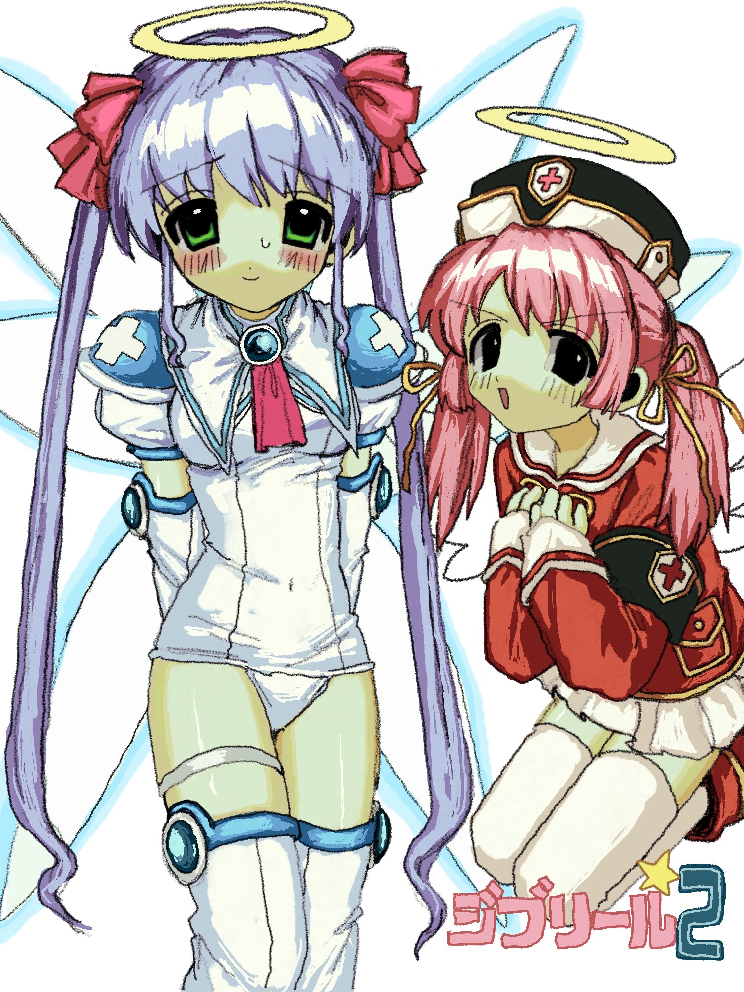 sushi ayu, djibril aries, jinno hikari, luvriel, makai tenshi djibril, makai tenshi djibril 2, highres, 2000s (style), 2girls, blush, bow, green eyes, hair bow, halo, hat, leotard, multiple girls, pink hair, skirt, thighhighs, twintails, yellow halo