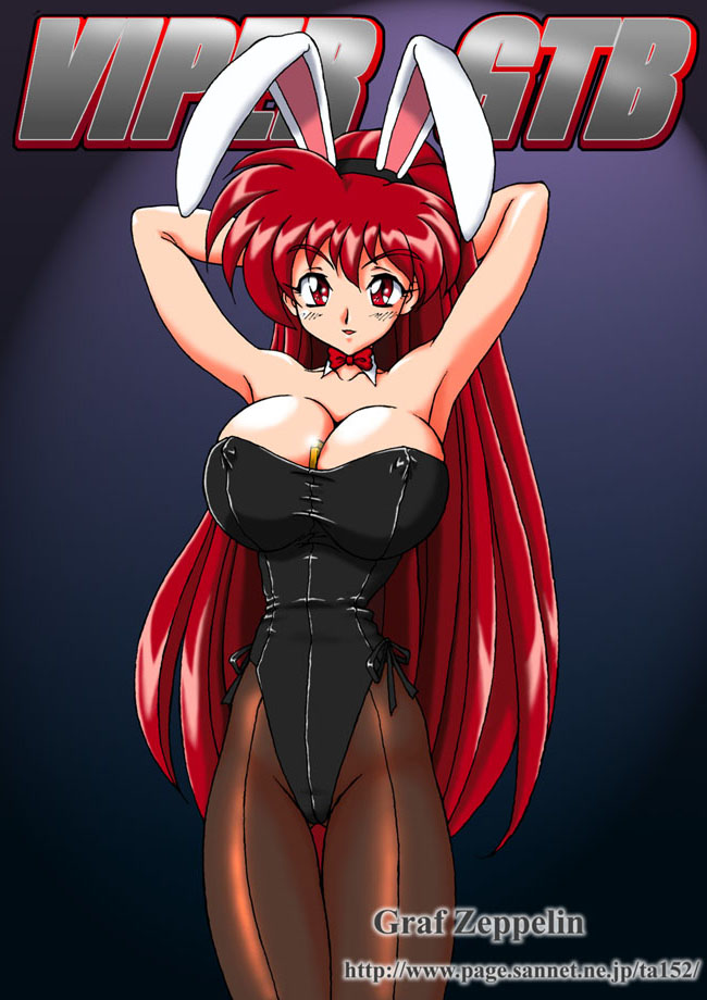 ta152 (graf zeppelin), honjoji akira, viper (series), viper v16, bow, breasts, cleavage, corset, huge breasts, large breasts, leotard, long hair, pantyhose, playboy bunny, red eyes, red hair, skin tight