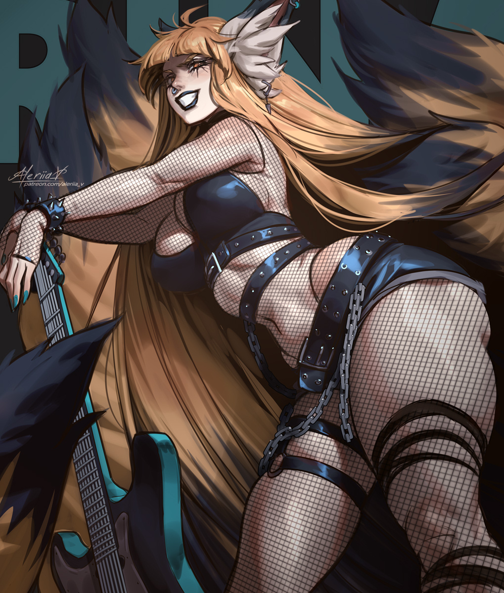 aleriia v, highres, 1girl, animal ears, belt, black belt, black lips, blunt bangs, bracelet, breasts, chain, earrings, fox ears, guitar, instrument, jewelry, long hair, signature, solo, spiked bracelet, spikes, wide hips