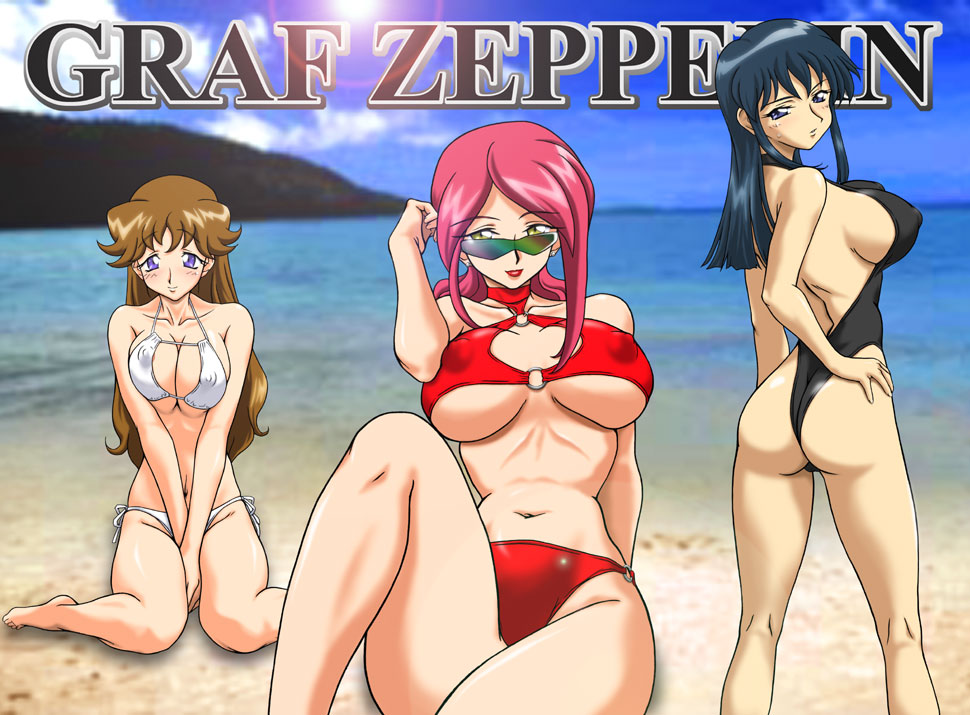 ta152 (graf zeppelin), aoi kiriko, fujimura shizuru, momozono momoko, shinkon gattai godannar!!, 00s, 3girls, ass, barefoot, beach, bikini, breasts, brown hair, curvy, female focus, glasses, huge ass, large breasts, looking at viewer, looking back, multiple girls, nipples, one-piece swimsuit, red hair, side-tie bikini bottom, sitting, smile, sweat, swimsuit