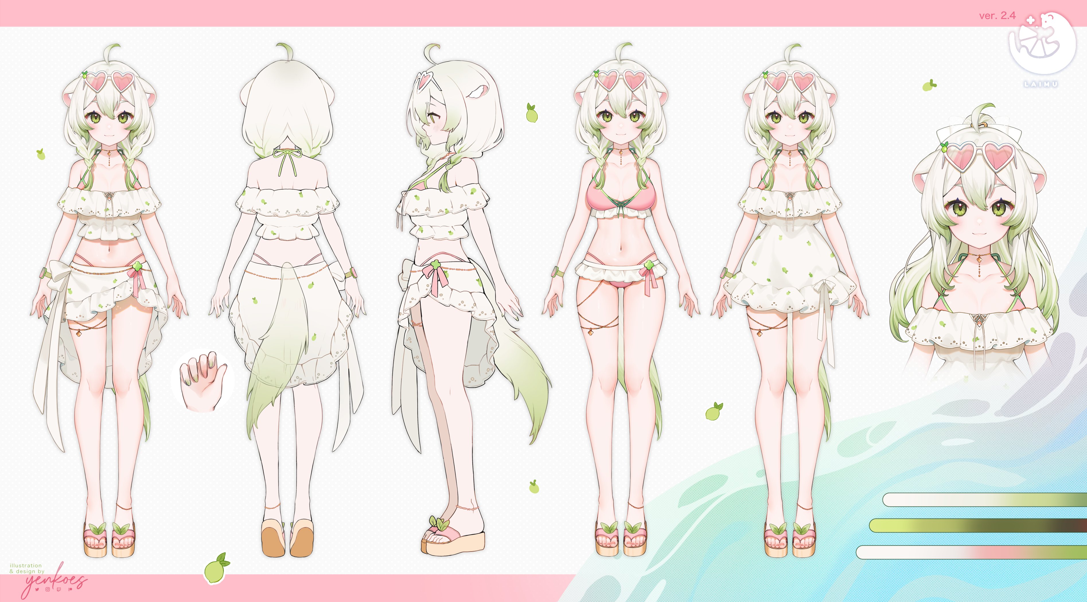yenkoes, laimu (vtuber), vinesauce, absurdres, highres, 1girl, ahoge, animal ears, bikini, braid, crop top, dress, english text, ferret, ferret ears, ferret girl, ferret tail, frilled dress, frills, glasses, gluteal fold, gold choker, gold thighlet, gradient hair, gradient tail, green hair, green nails, green tail, heart, heart-shaped eyewear, jewelry, laimu (vtuber) (summer), long hair, microskirt, miniskirt, multicolored hair, multicolored tail, multiple views, official alternate costume, pink nails, skirt, sundress, swimsuit, tail, thighlet, twin braids, two-tone hair, two-tone tail, virtual youtuber, watch, white hair, white tail, wristwatch