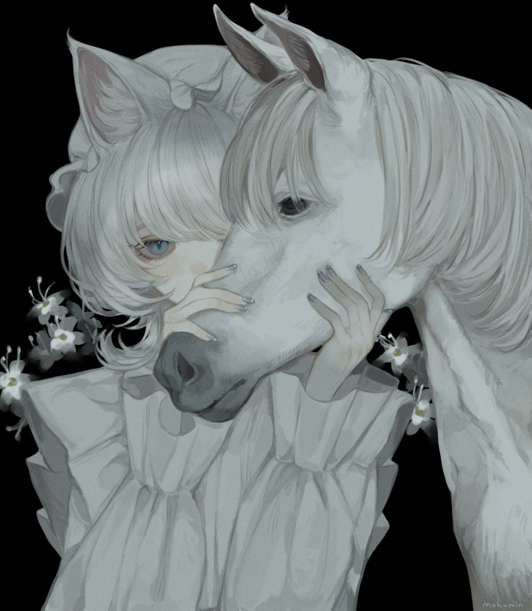 original, highres, animal ears, blue eyes, eyelashes, fingernails, flower, hat, horse, m insomnia23, pale skin, shirt, white hair, white shirt