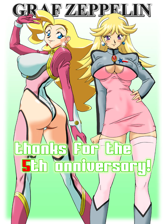 ta152 (graf zeppelin), ellis valentine, swan white, shinkon gattai godannar!!, yuusha ou gaogaigar, yuusha series, 00s, 1990s (style), 2girls, artist name, blonde hair, blue eyes, blush, breasts, covered erect nipples, crossover, dress, gradient background, hand on own hip, large breasts, looking at viewer, looking back, multiple girls, no bra, purple eyes, retro artstyle, short dress, simple background, smile, thighhighs, trait connection, v, zettai ryouiki