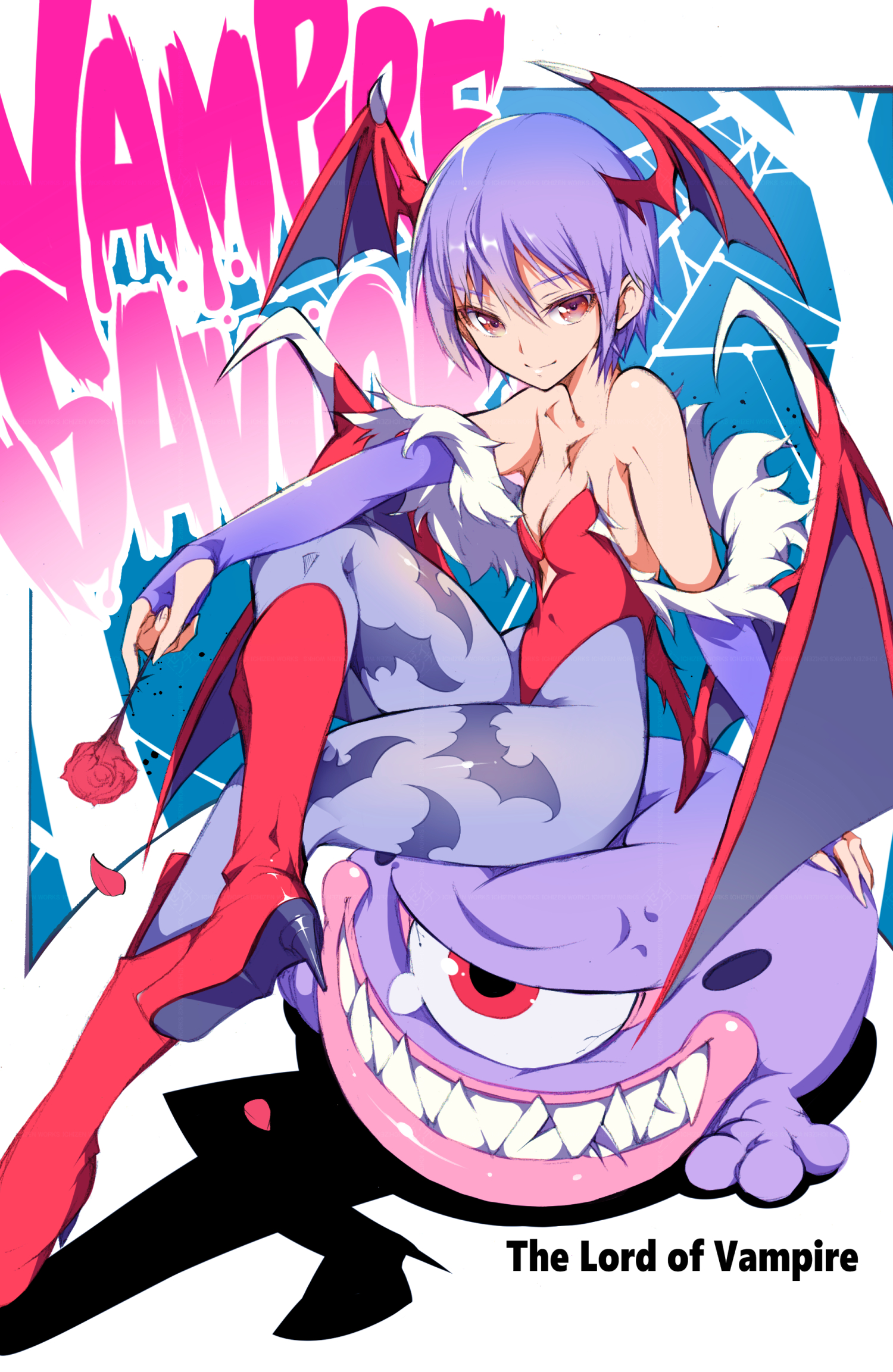 ichizen (o tori), lilith (darkstalkers), darkstalkers, highres, 1girl, animal print, bat print, boots, breasts, crossed legs, flower, head wings, holding, holding flower, leotard, looking at viewer, monster, pantyhose, print pantyhose, purple hair, red boots, red eyes, red flower, red leotard, red rose, rose, sitting, small breasts, smile, solo, strapless, strapless leotard, wings